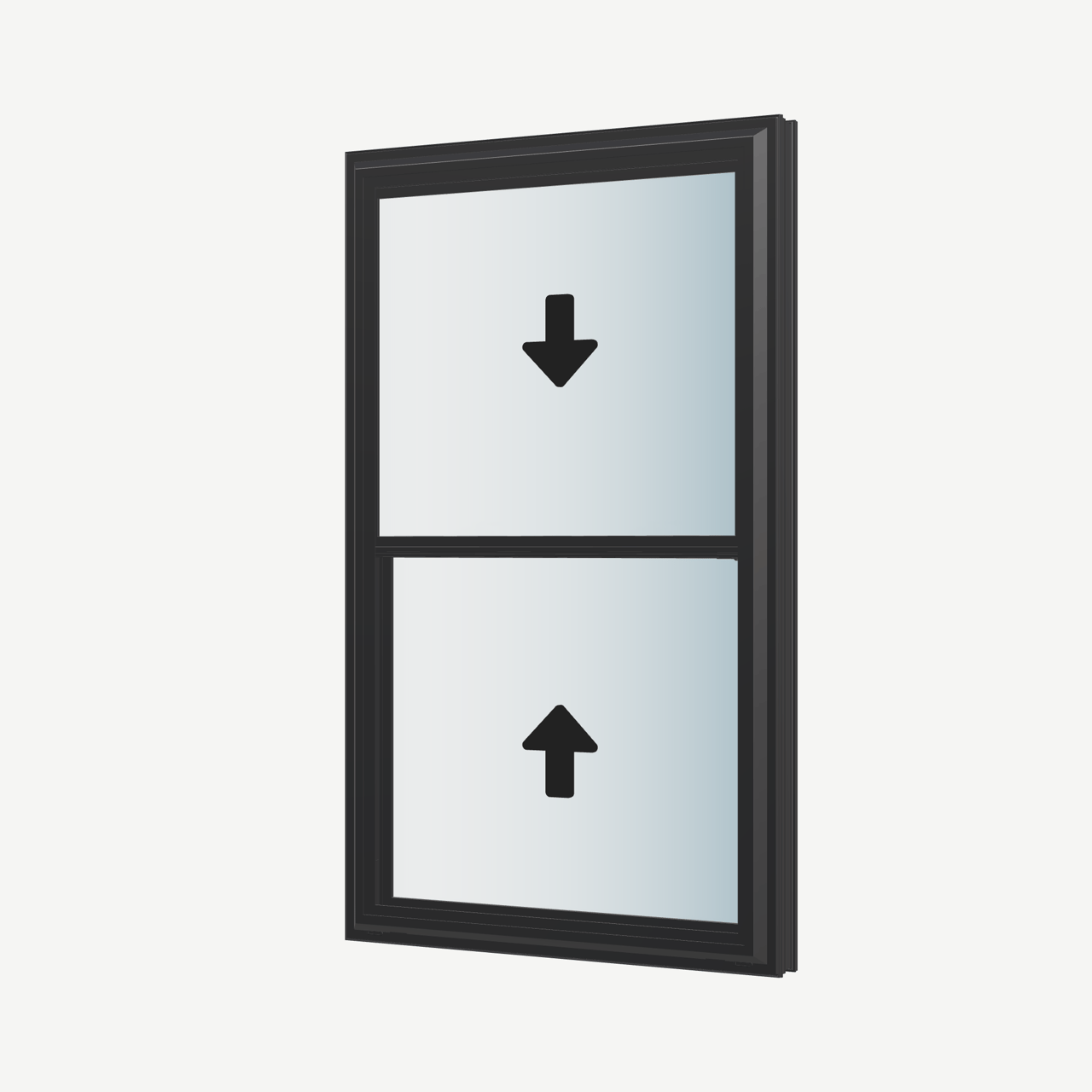 Angled exterior view of a black double hung window, with operation symbols on the opening sashes