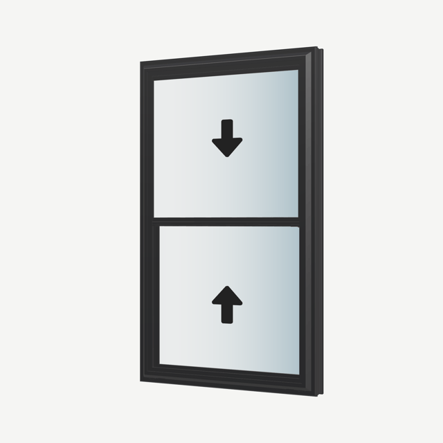 Angled exterior view of a black double hung window, with operation symbols on the opening sashes