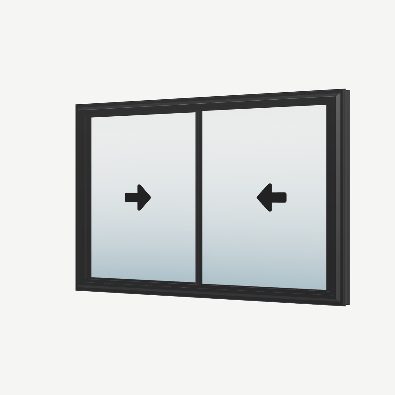 Angled exterior view of a black double slider window, with operation symbols on the opening sashes