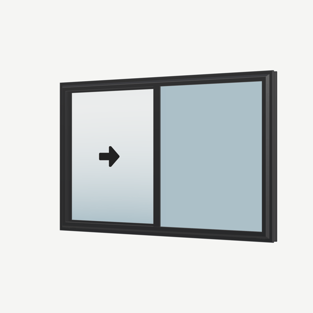 Angled exterior view of a black single slider window, with operation symbols on the opening sashes