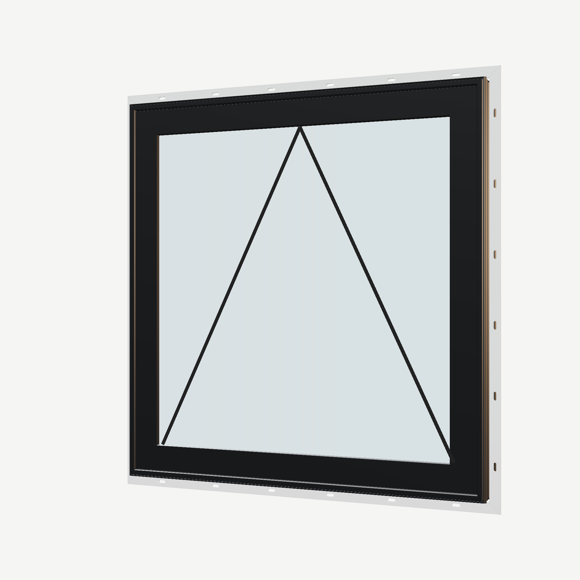 Angled exterior view with opening symbols of the 36 × 36 inch awning, black exterior / black interior, with nailing flange