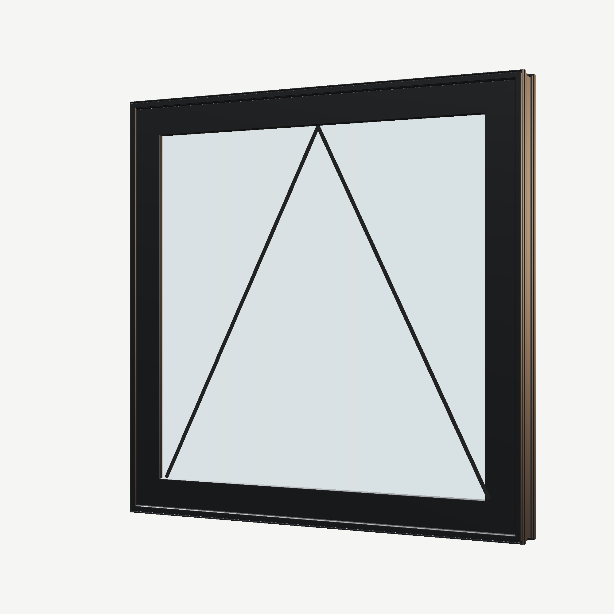 Angled exterior view with opening symbols of the 36 × 36 inch awning, black exterior / black interior, without nailing flange