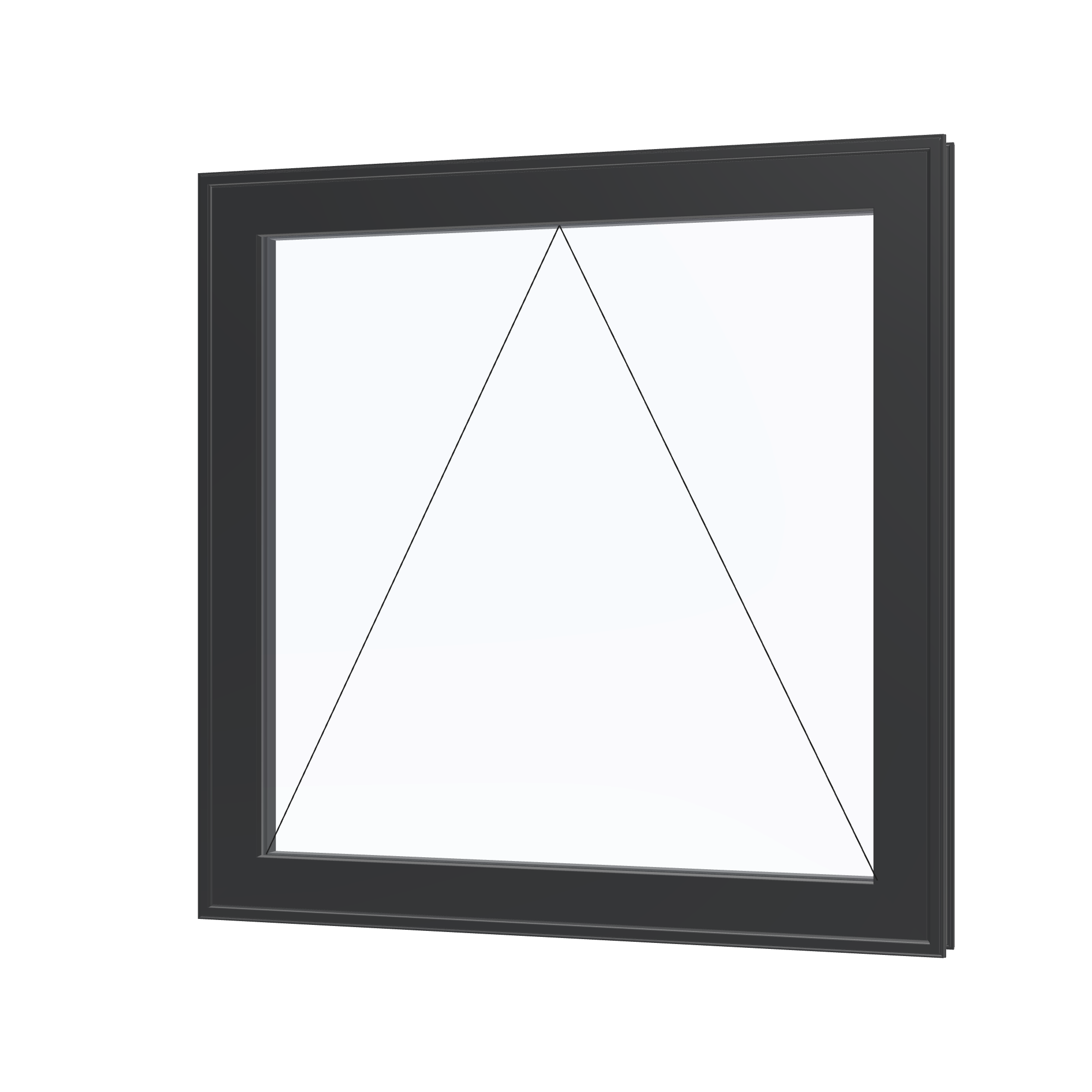 Angled exterior view with opening symbols of the 36 × 36 inch awning, black exterior / black interior, without nailing flange