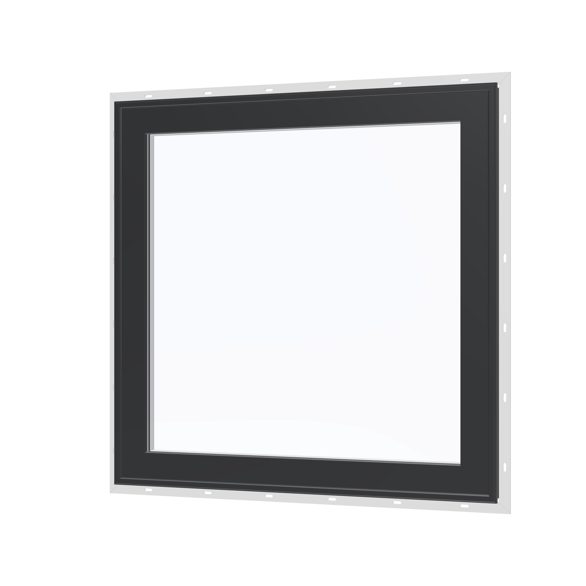 Angled exterior view of the 36 × 36 inch awning, black exterior / white interior, with nailing flange