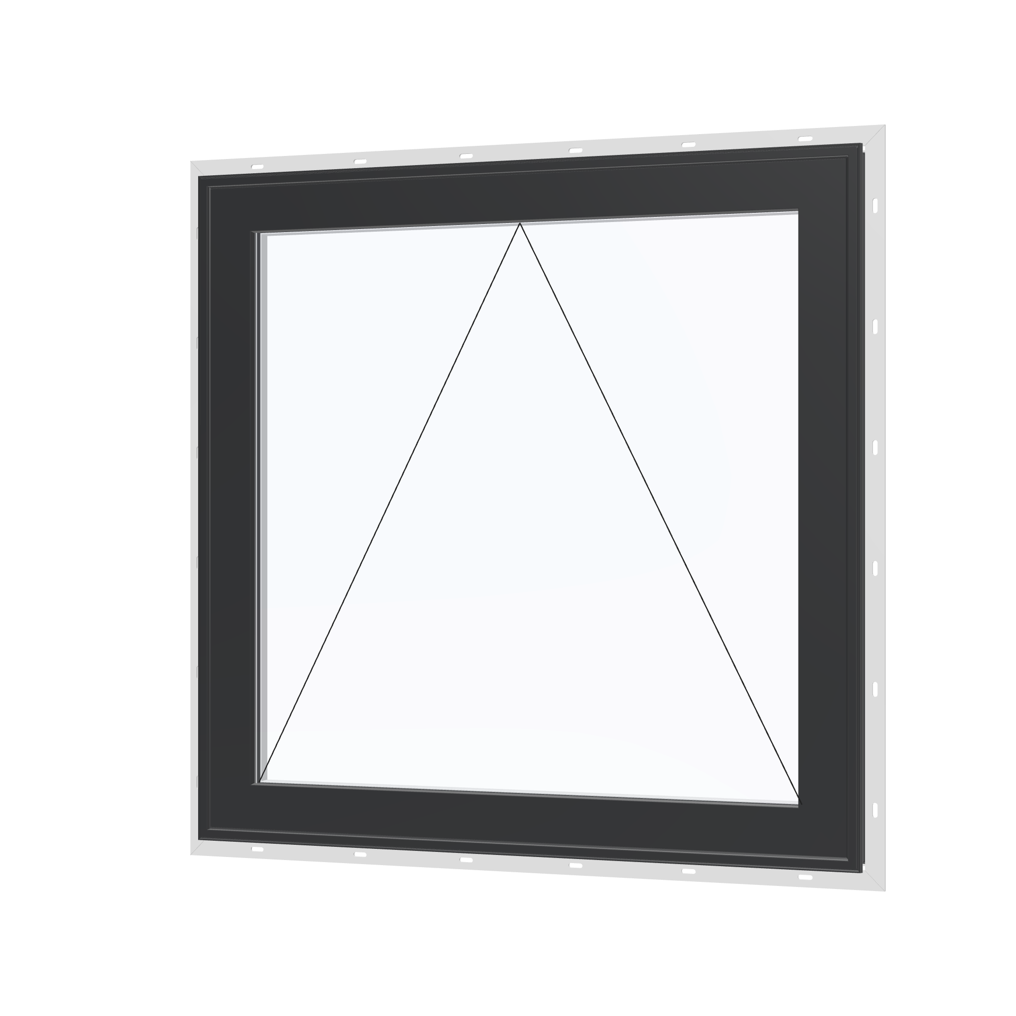 Angled exterior view with opening symbols of the 36 × 36 inch awning, black exterior / white interior, with nailing flange