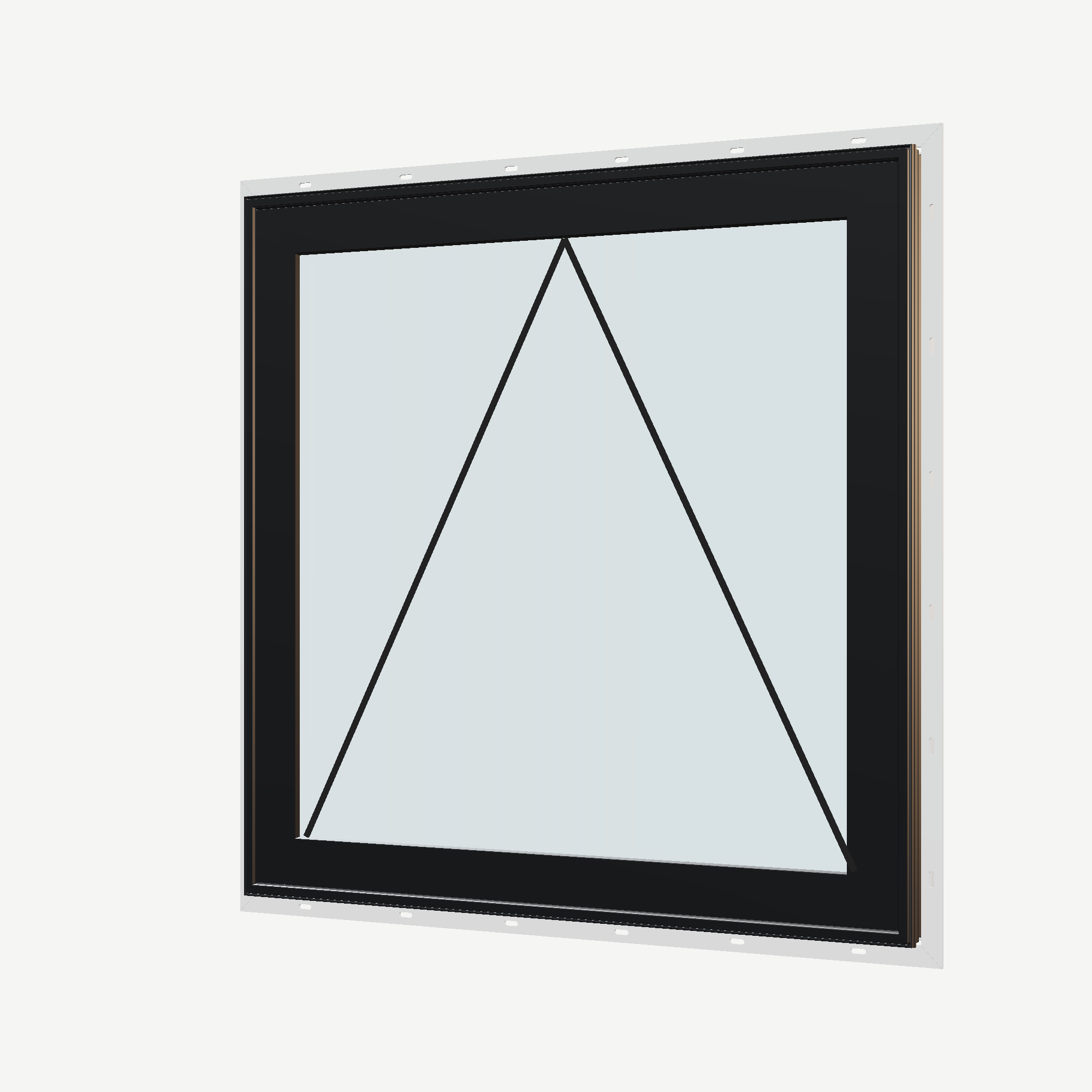 Angled exterior view with opening symbols of the 36 × 36 inch awning, black exterior / white interior, with nailing flange