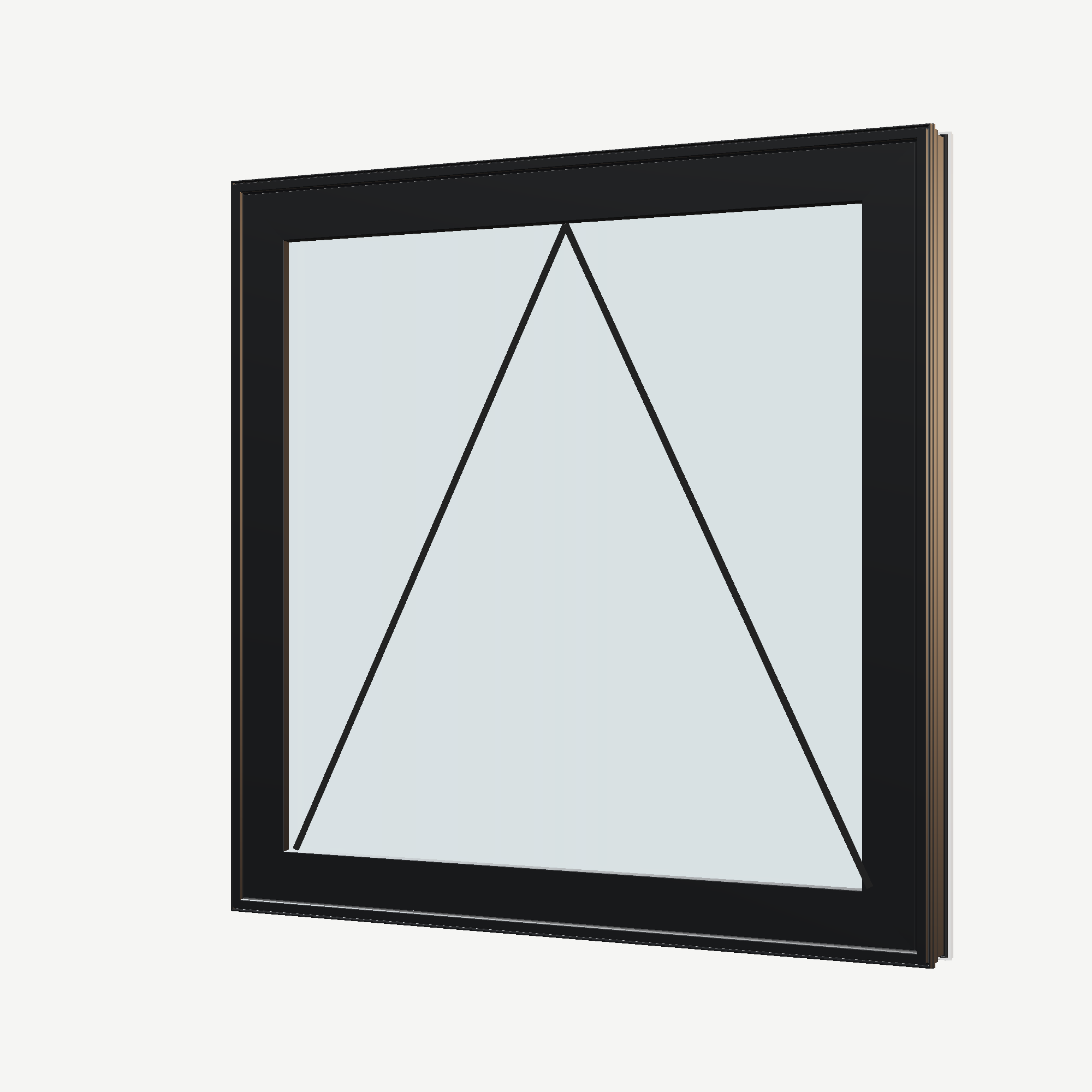 Angled exterior view with opening symbols of the 36 × 36 inch awning, black exterior / white interior, without nailing flange