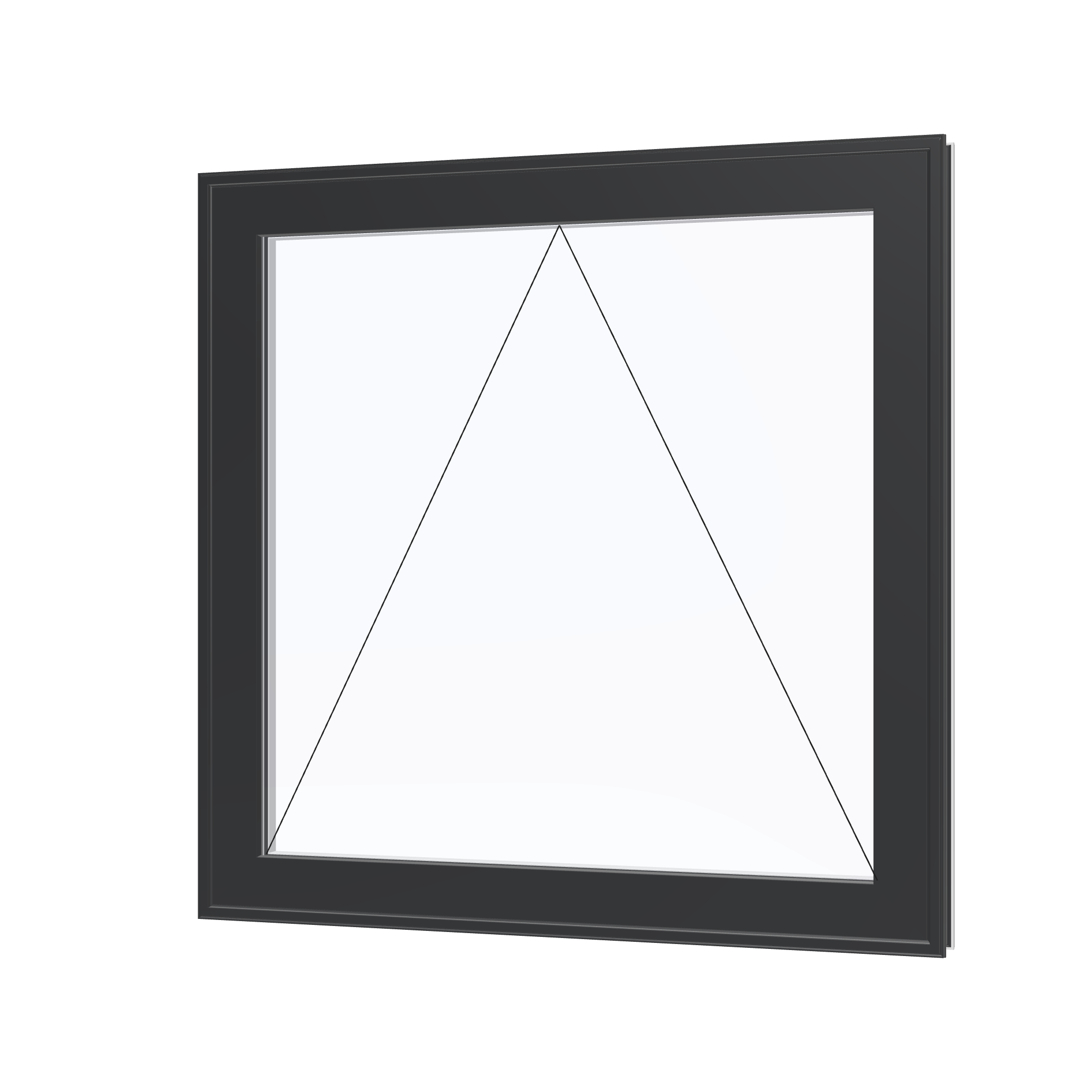 Angled exterior view with opening symbols of the 36 × 36 inch awning, black exterior / white interior, without nailing flange
