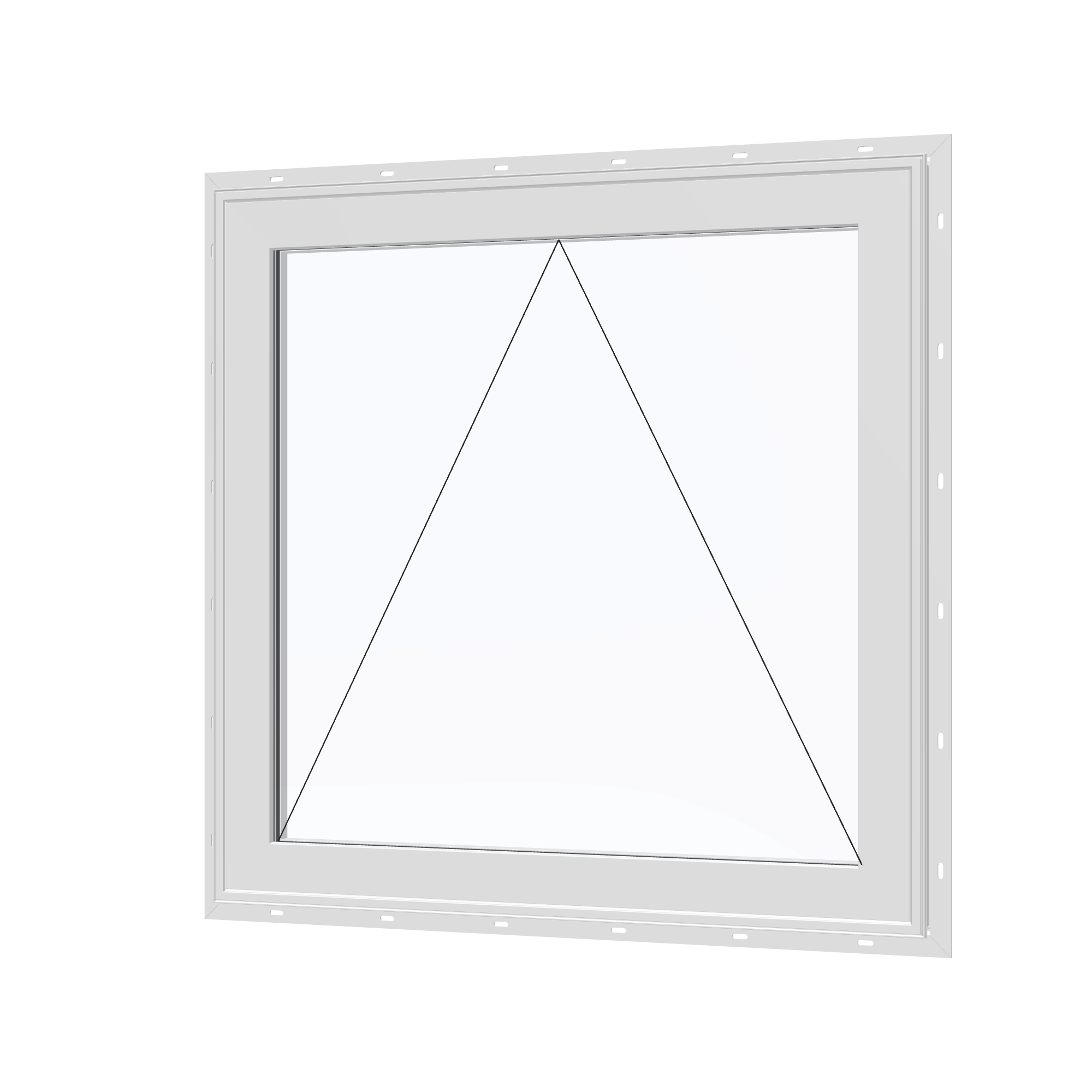 Angled exterior view with opening symbols of the 36 × 36 inch awning, white exterior / white interior, with nailing flange