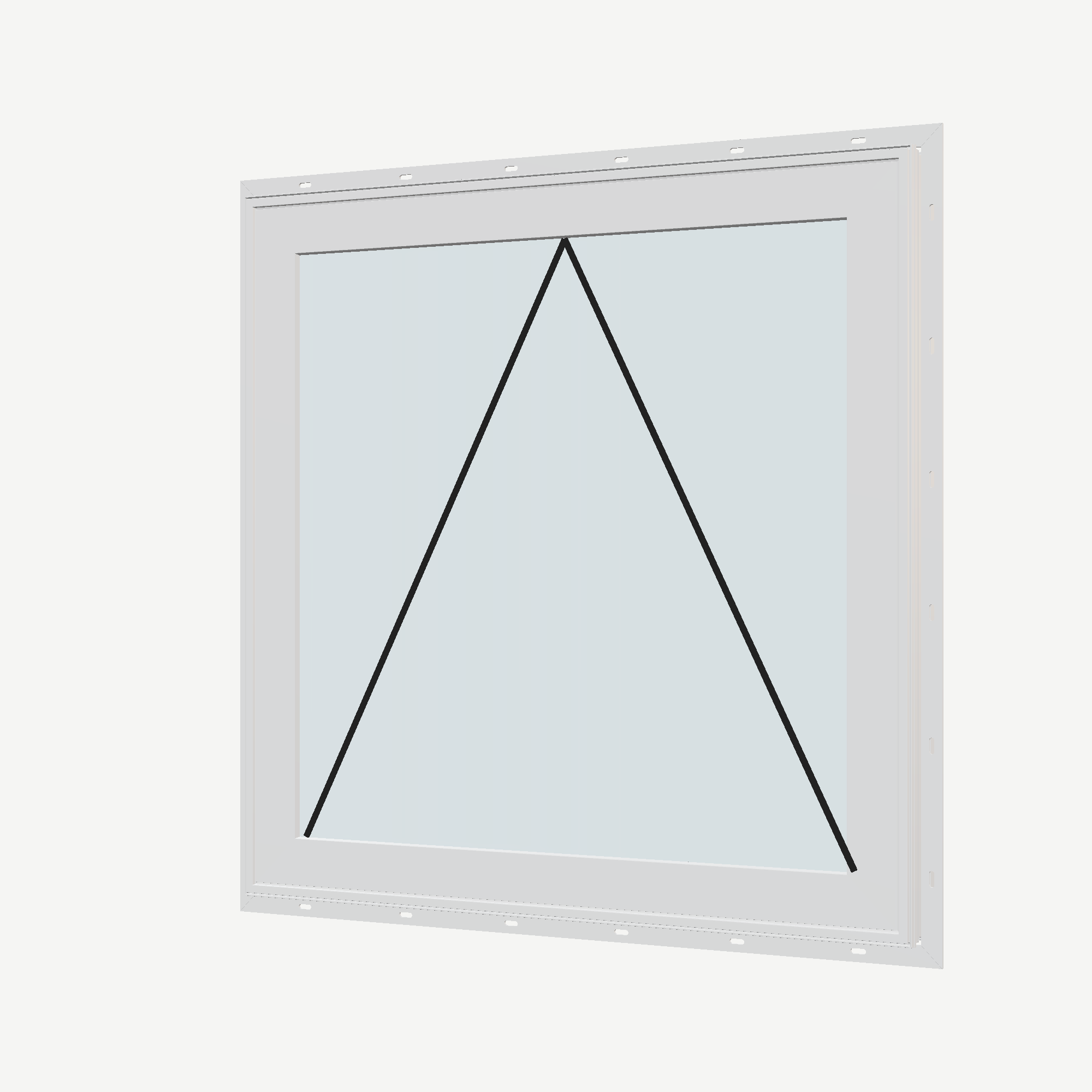 Angled exterior view with opening symbols of the 36 × 36 inch awning, white exterior / white interior, with nailing flange