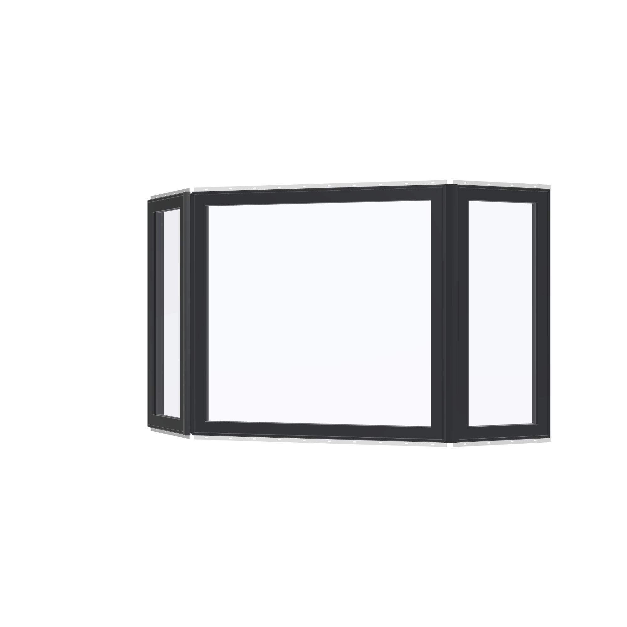 Angled exterior view of the 96 × 54 inch bay window, black exterior / black interior, with nailing flange
