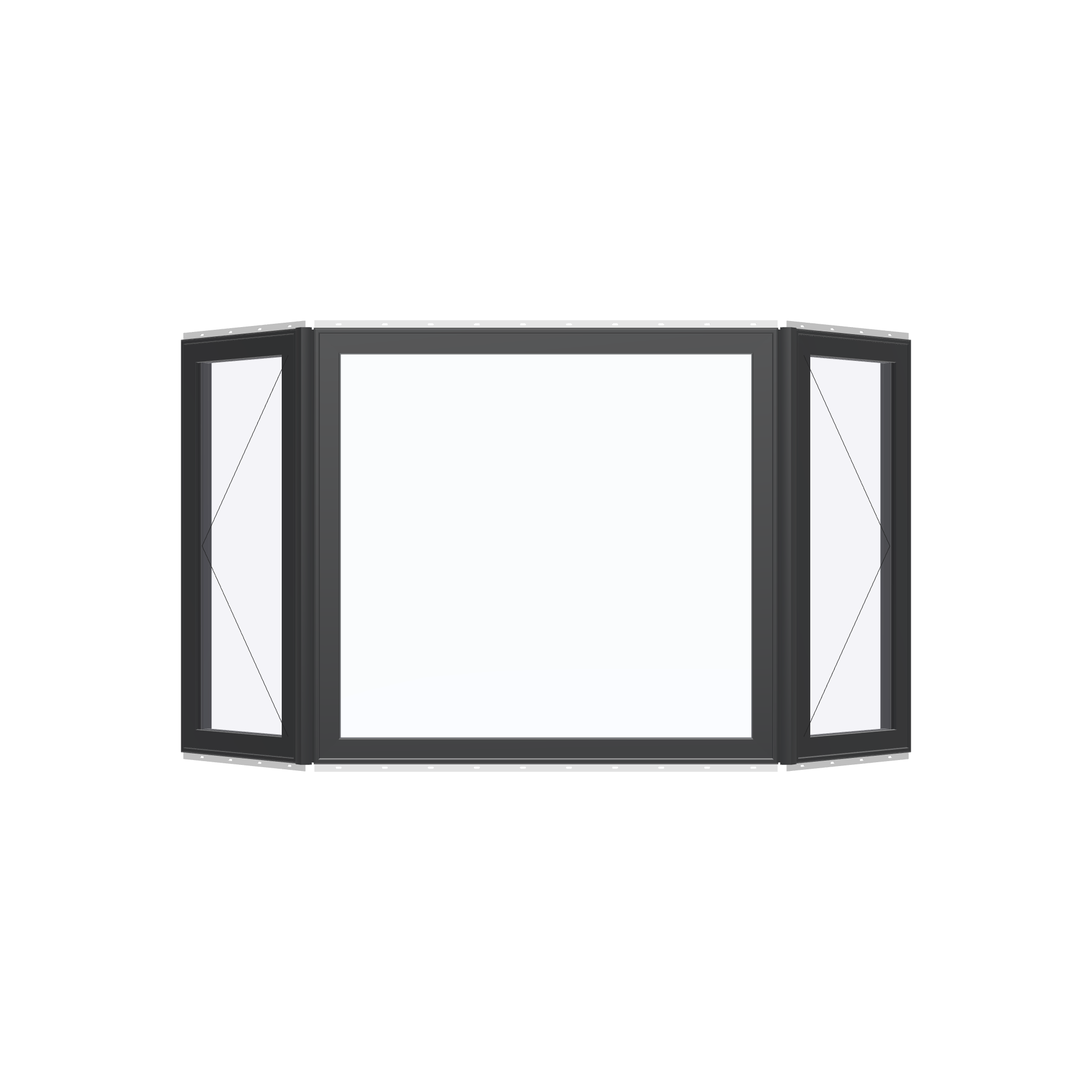 Straight exterior view of the 96 × 54 inch bay window, black exterior / black interior, with nailing flange