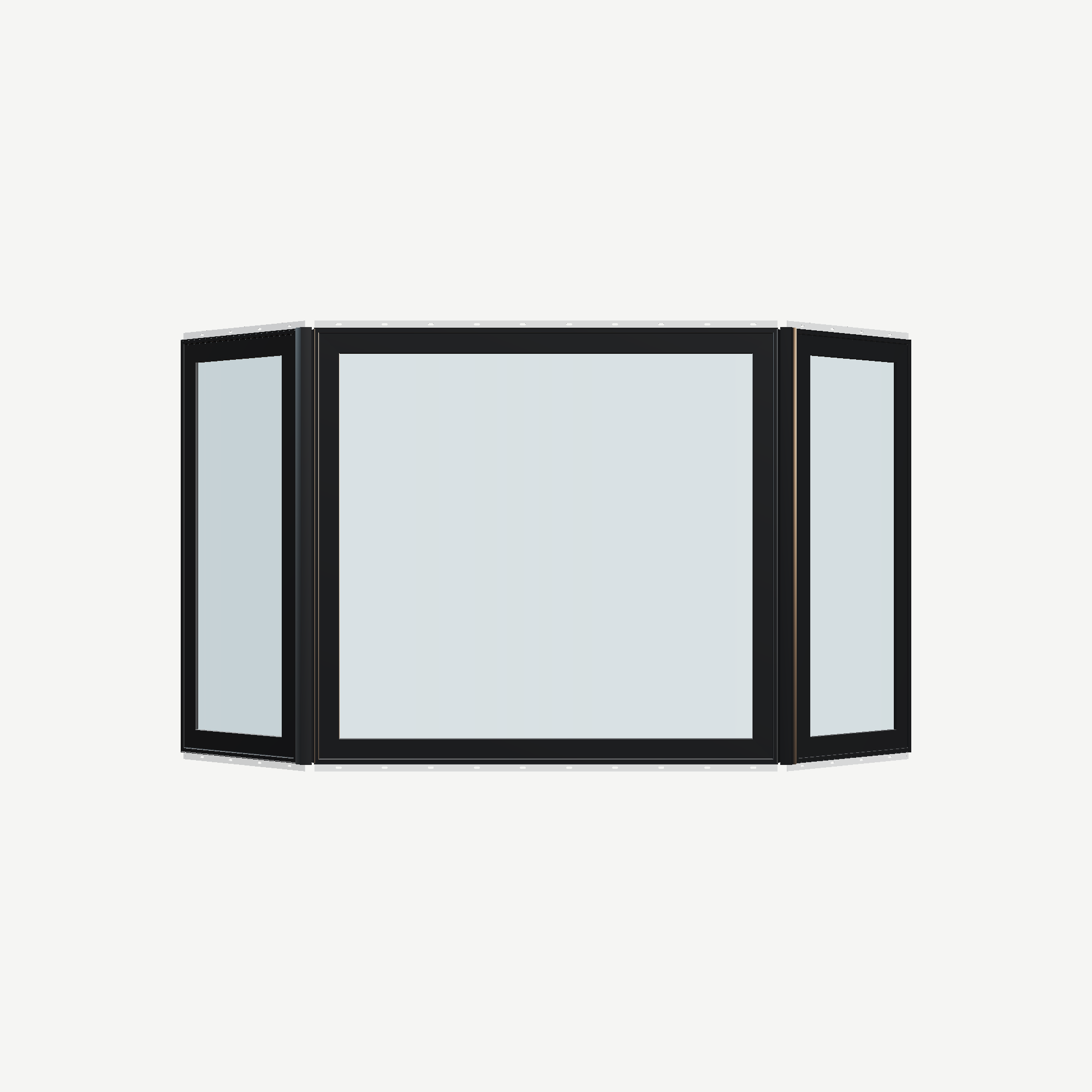 Straight exterior view of the 96 × 54 inch bay window, black exterior / black interior, with nailing flange