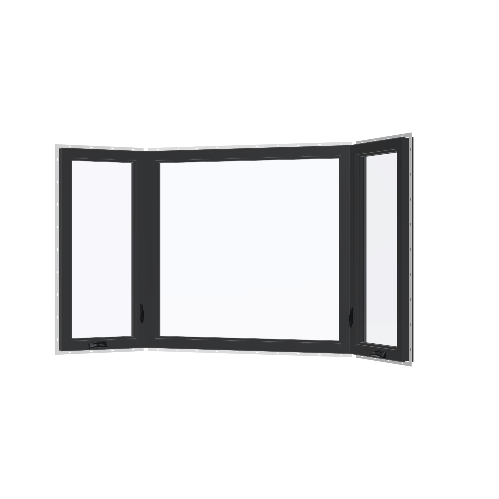 Angled interior view of the 96 × 54 inch bay window, black exterior / black interior, with nailing flange