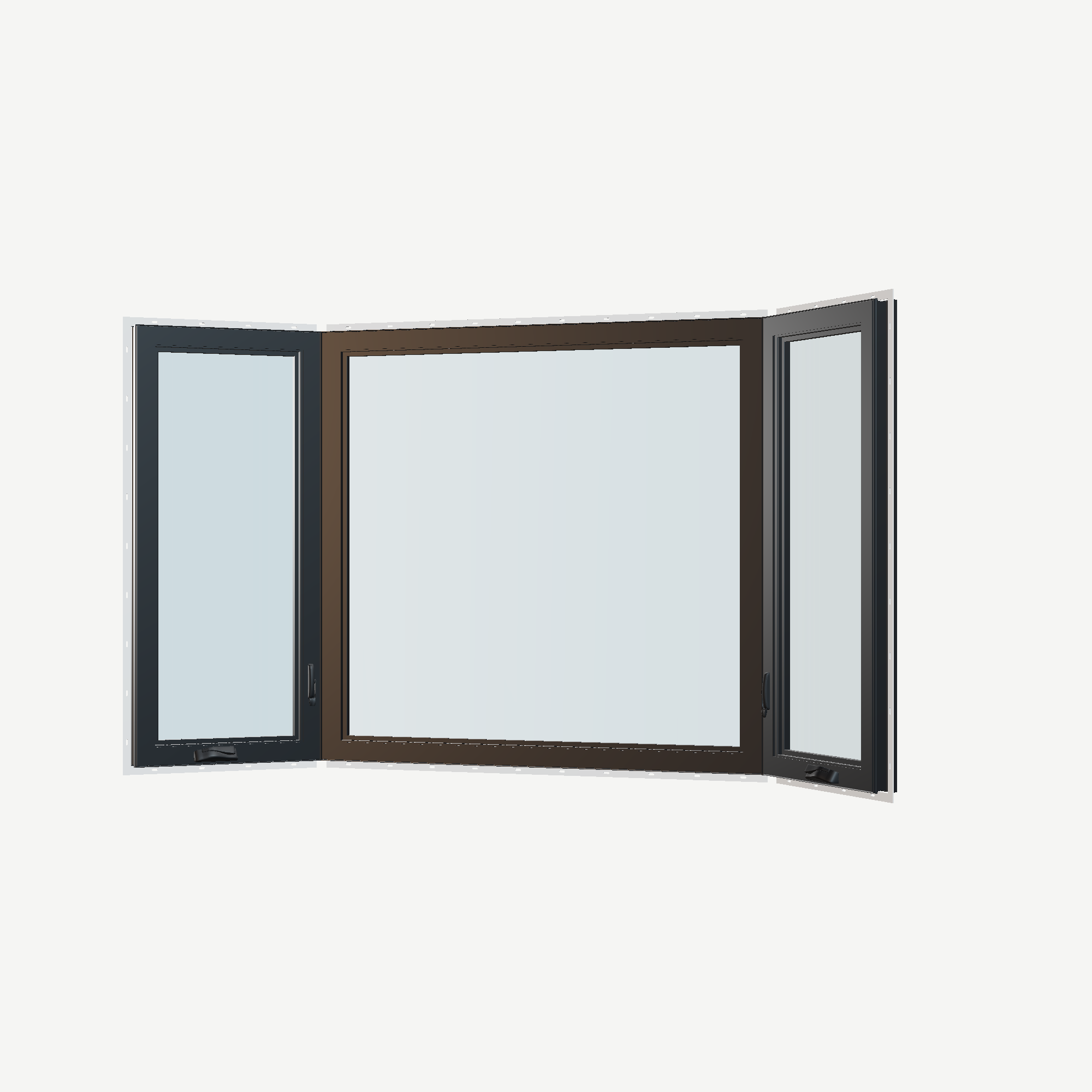 Angled interior view of the 96 × 54 inch bay window, black exterior / black interior, with nailing flange
