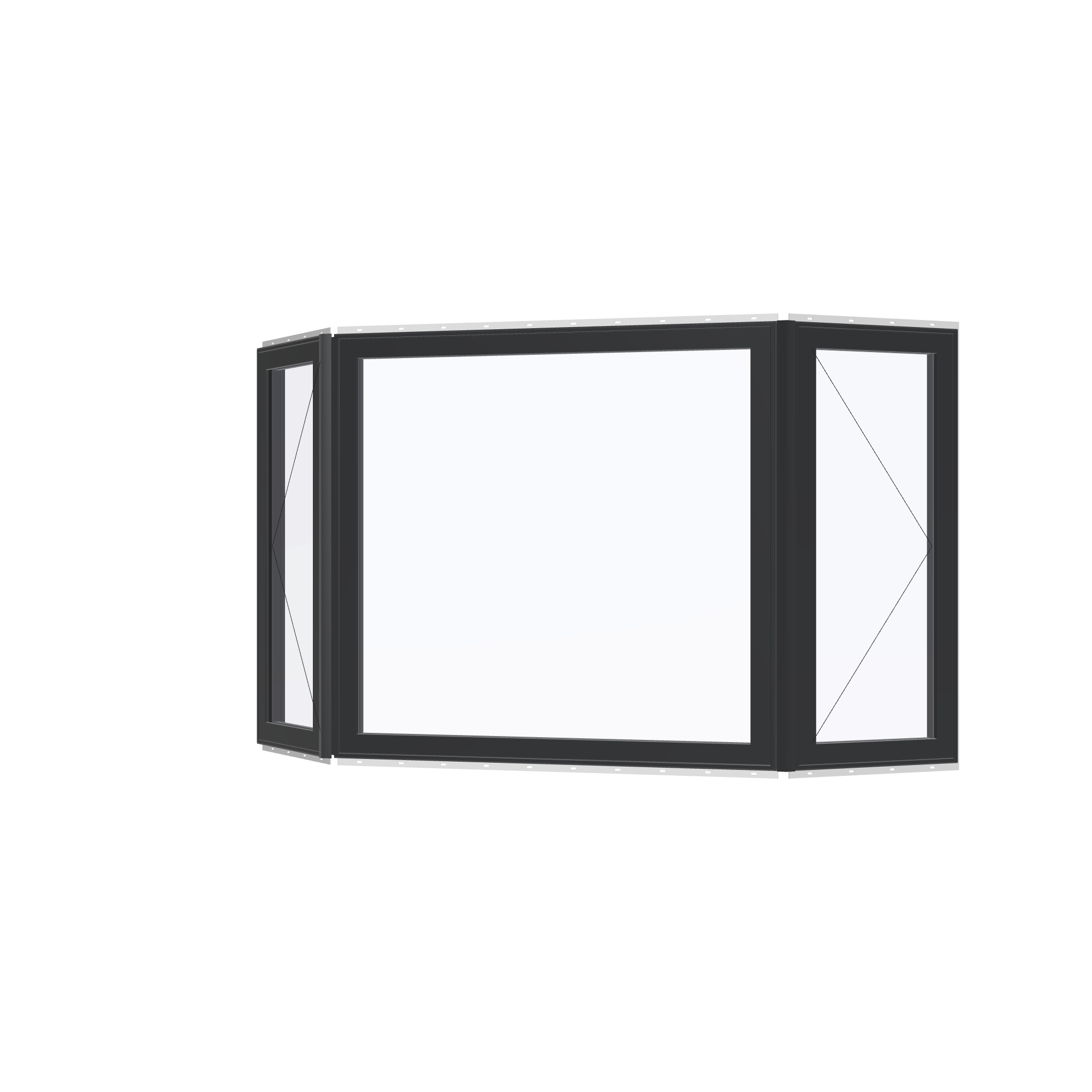 Angled exterior view with opening symbols of the 96 × 54 inch bay window, black exterior / black interior, with nailing flange