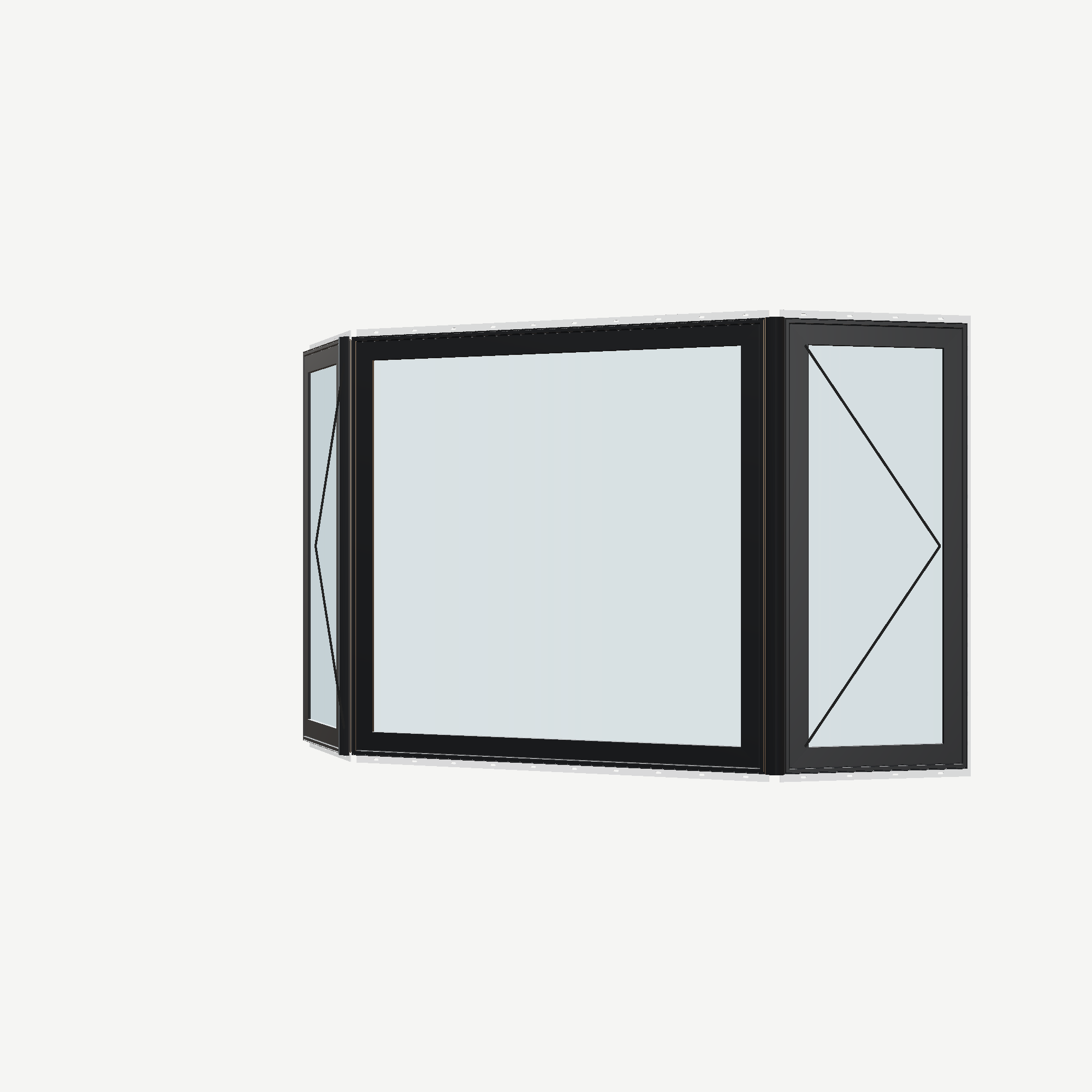 Angled exterior view with opening symbols of the 96 × 54 inch bay window, black exterior / black interior, with nailing flange