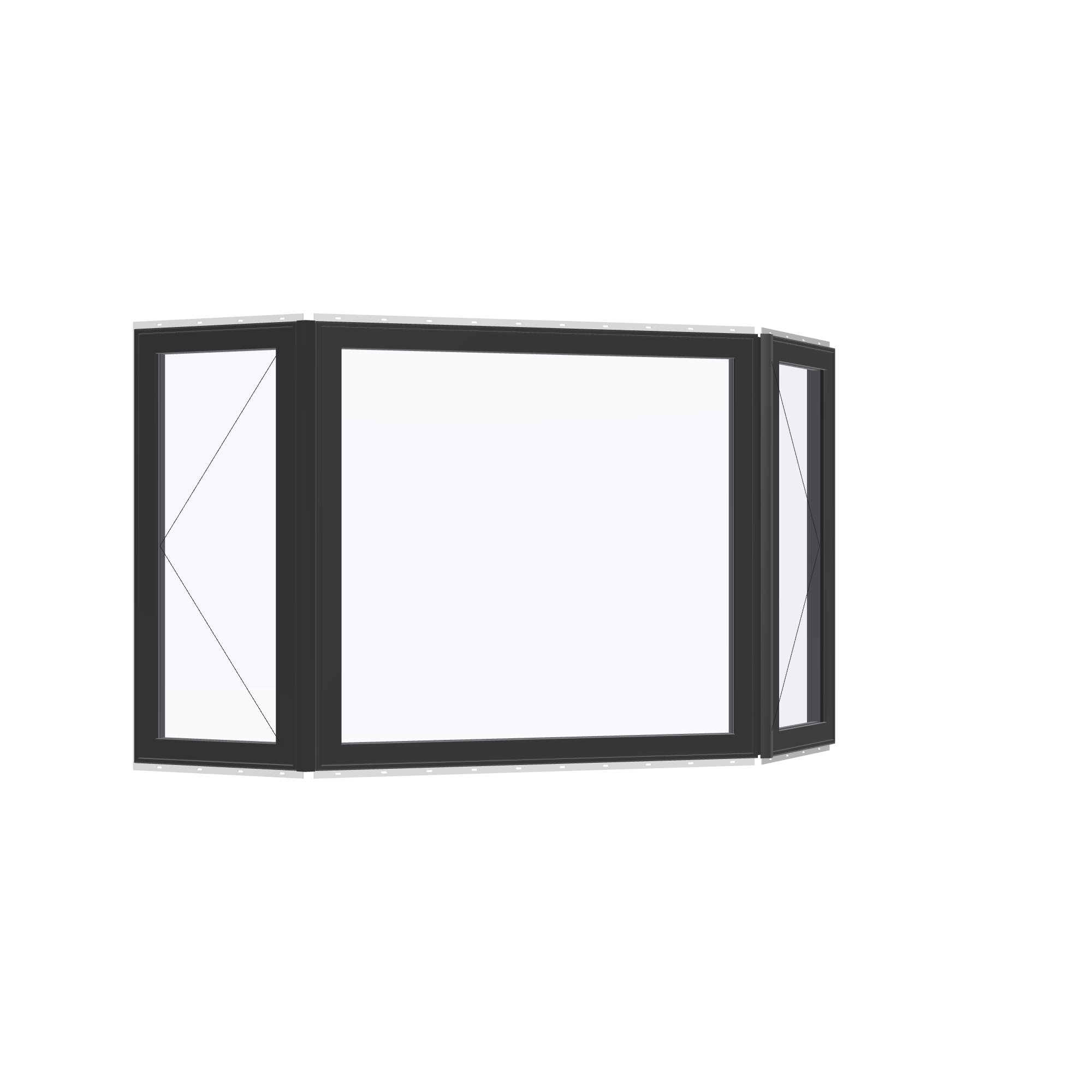 Opposite exterior angle of the 96 × 54 inch bay window, black exterior / black interior, with nailing flange