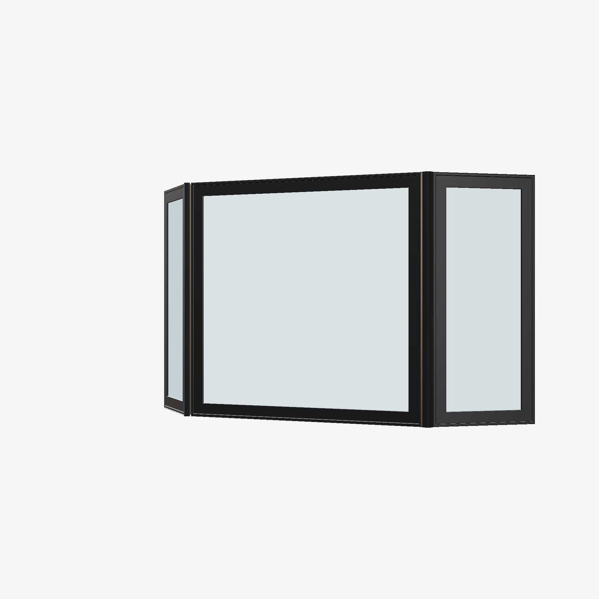Angled exterior view of the 96 × 54 inch bay window, black exterior / black interior, without nailing flange