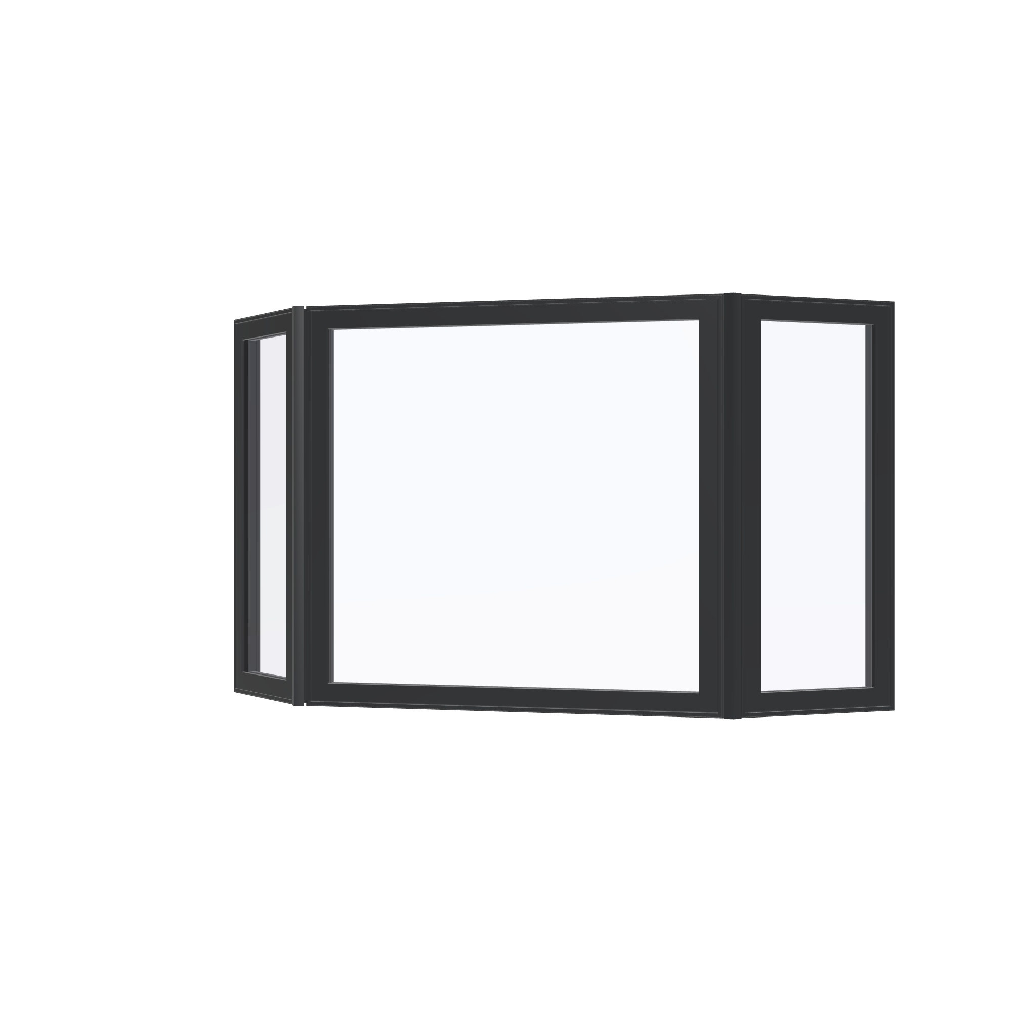 Angled exterior view of the 96 × 54 inch bay window, black exterior / black interior, without nailing flange