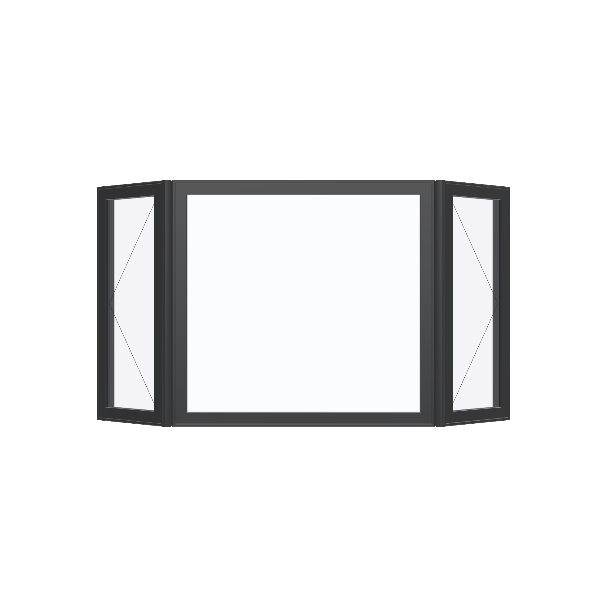 Straight exterior view of the 96 × 54 inch bay window, black exterior / black interior, without nailing flange