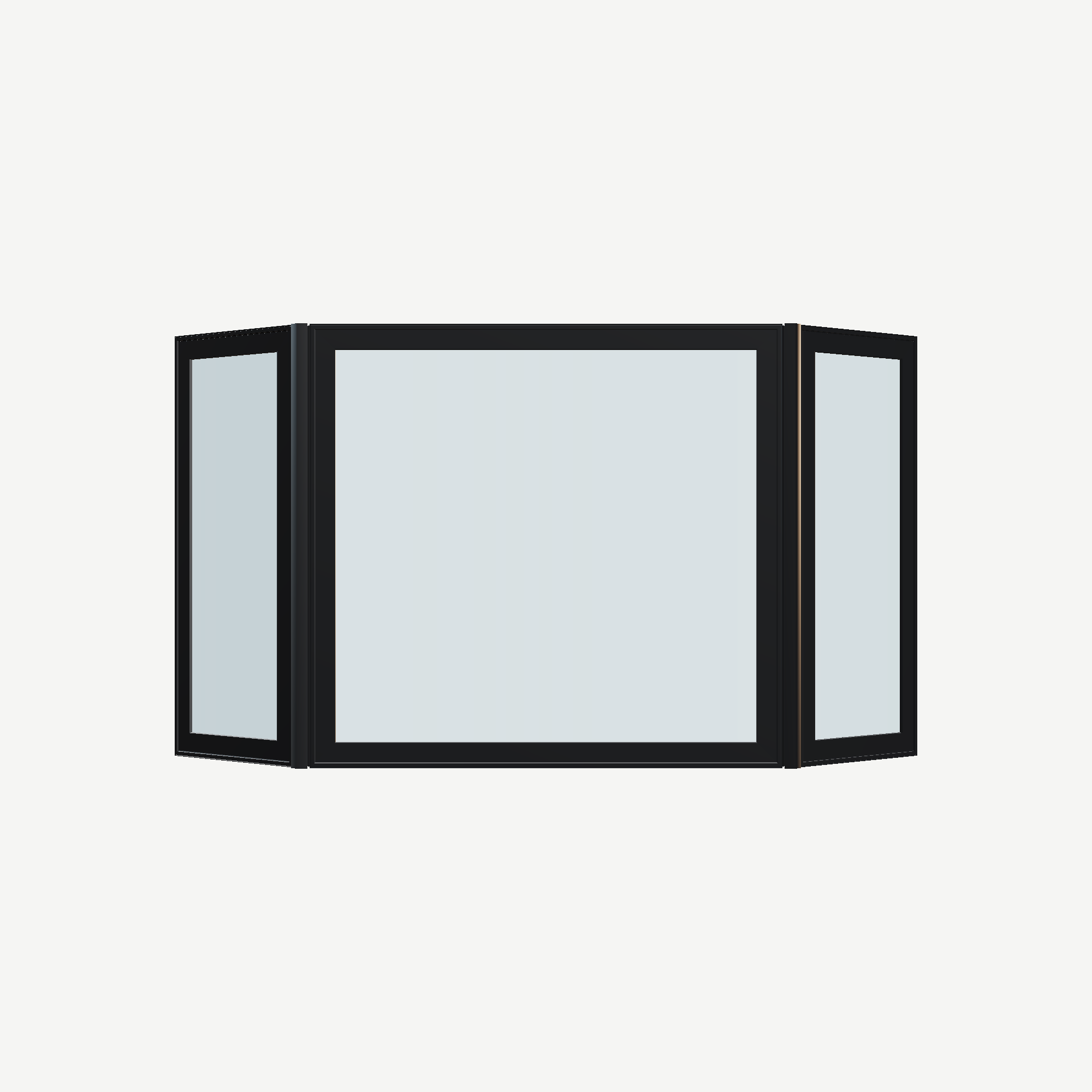 Straight exterior view of the 96 × 54 inch bay window, black exterior / black interior, without nailing flange