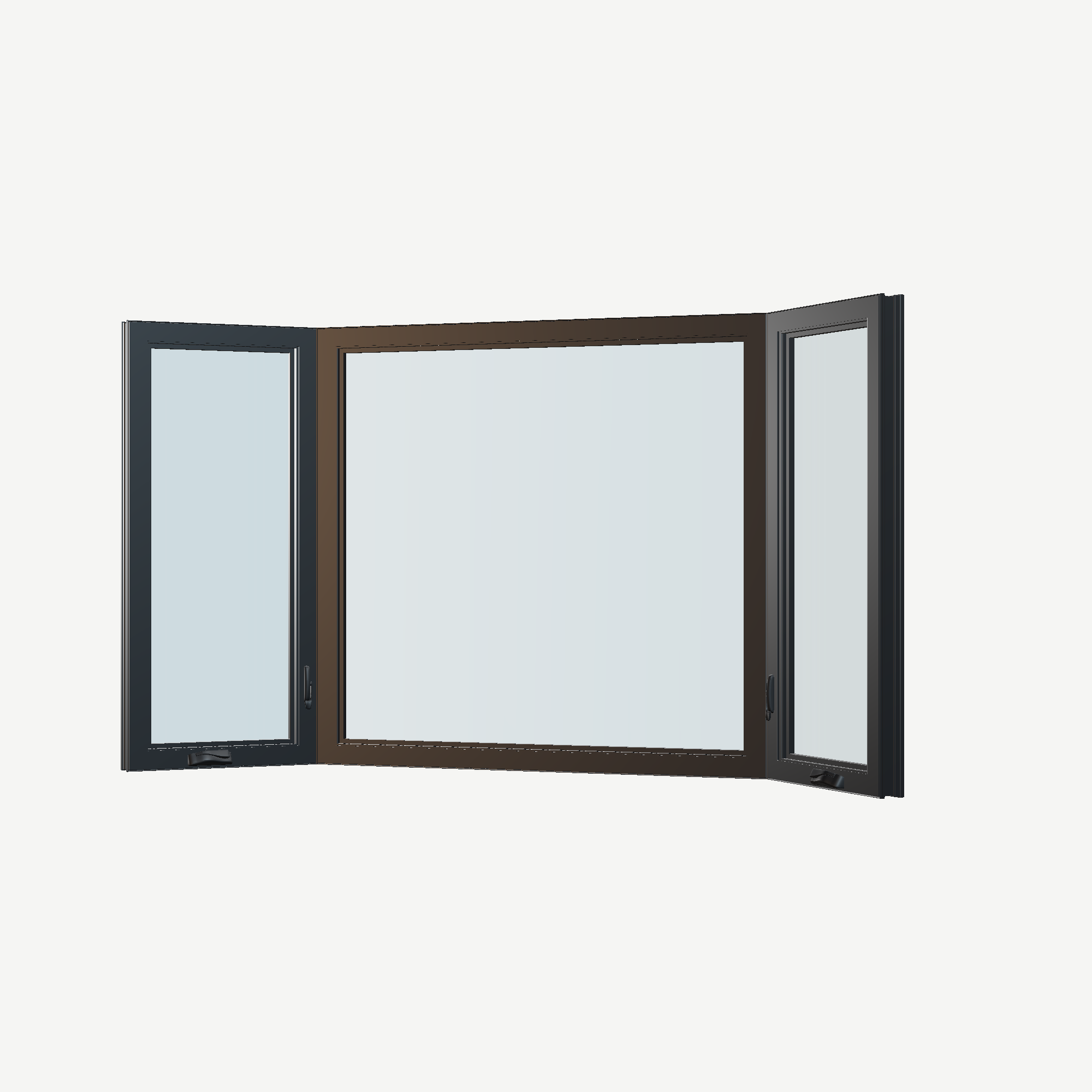 Angled interior view of the 96 × 54 inch bay window, black exterior / black interior, without nailing flange