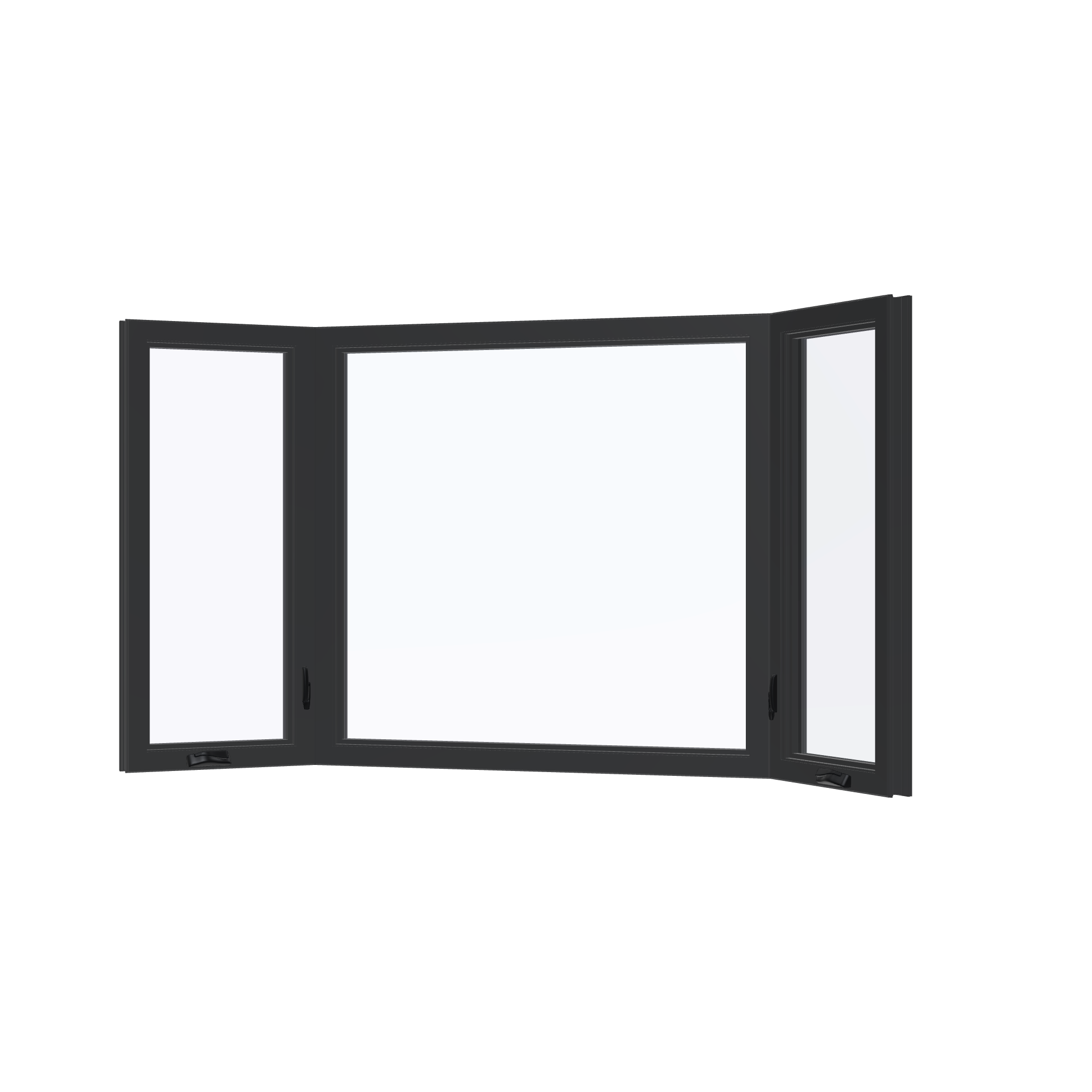 Angled interior view of the 96 × 54 inch bay window, black exterior / black interior, without nailing flange