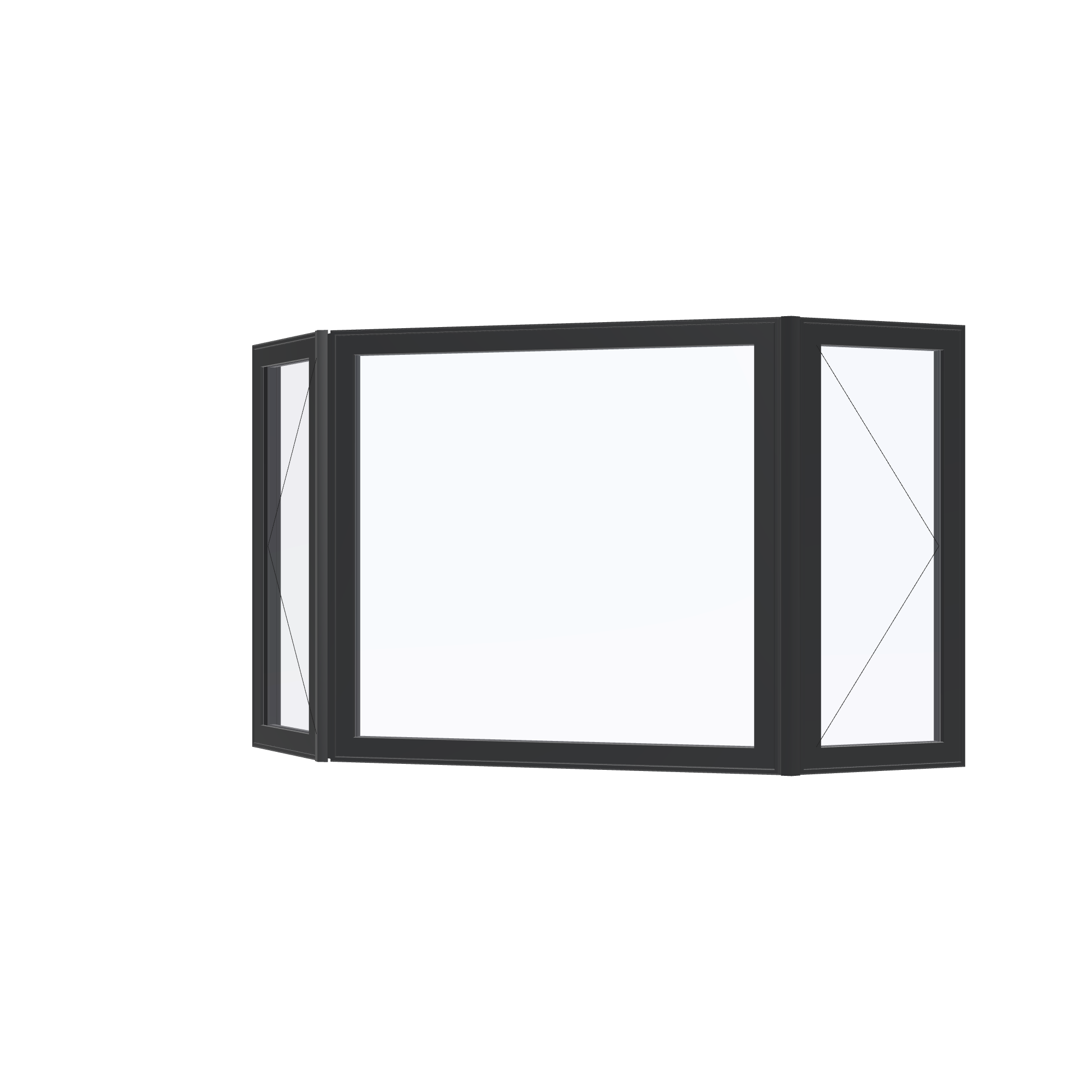 Angled exterior view with opening symbols of the 96 × 54 inch bay window, black exterior / black interior, without nailing flange