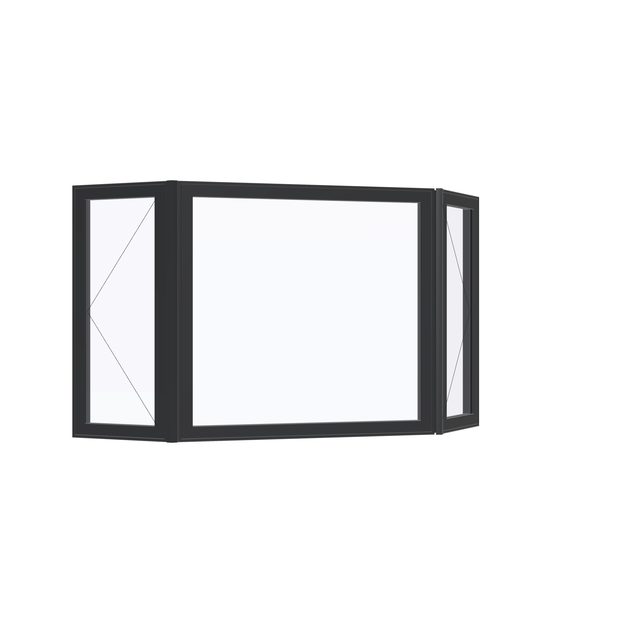 Opposite exterior angle of the 96 × 54 inch bay window, black exterior / black interior, without nailing flange