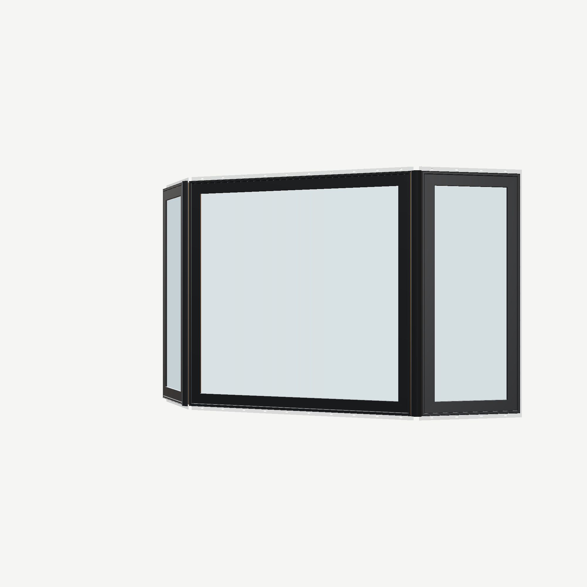 Angled exterior view of the 96 × 54 inch bay window, black exterior / white interior, with nailing flange
