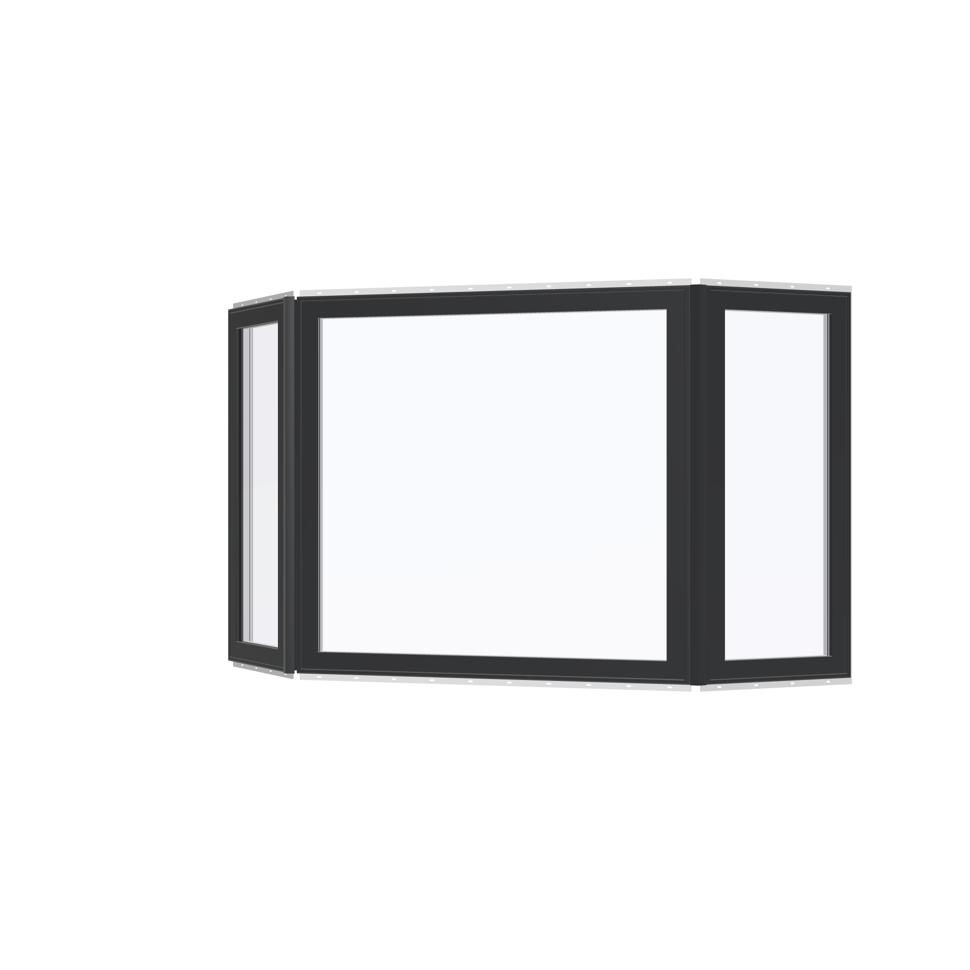 Angled exterior view of the 96 × 54 inch bay window, black exterior / white interior, with nailing flange