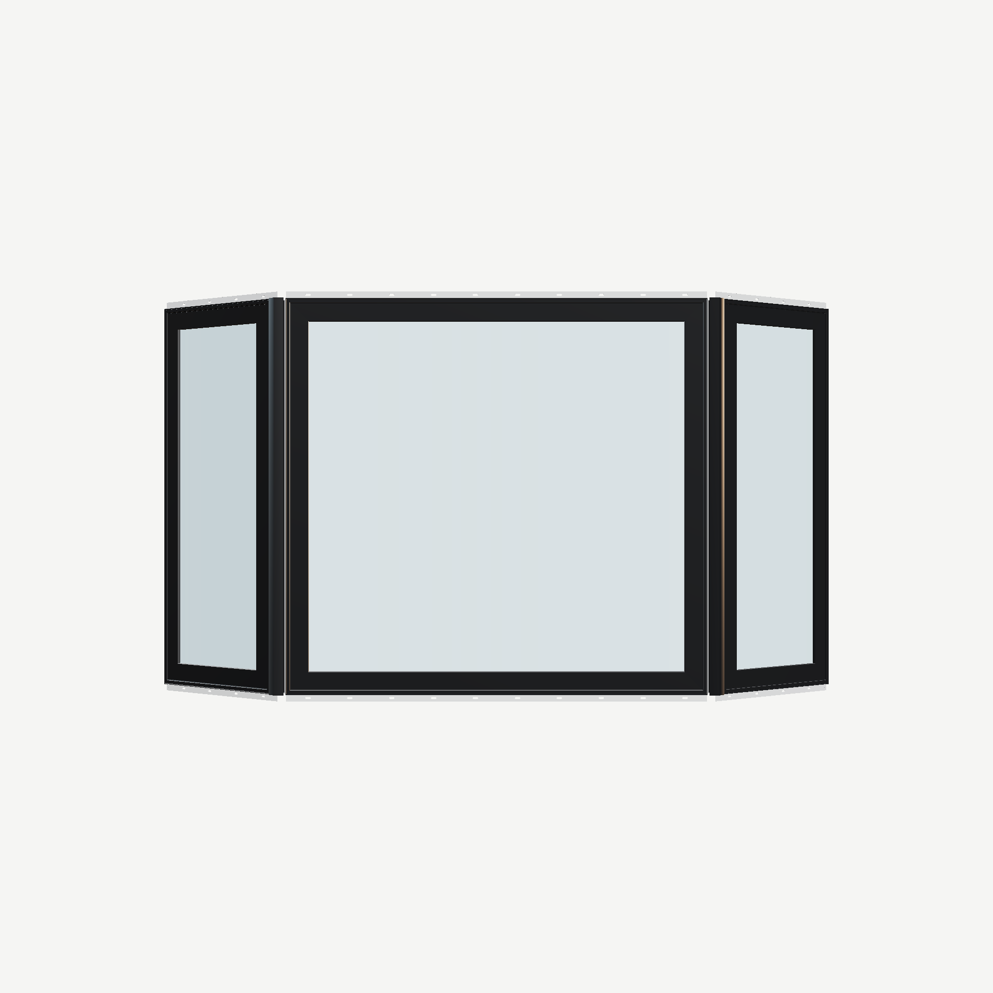Straight exterior view of the 96 × 54 inch bay window, black exterior / white interior, with nailing flange