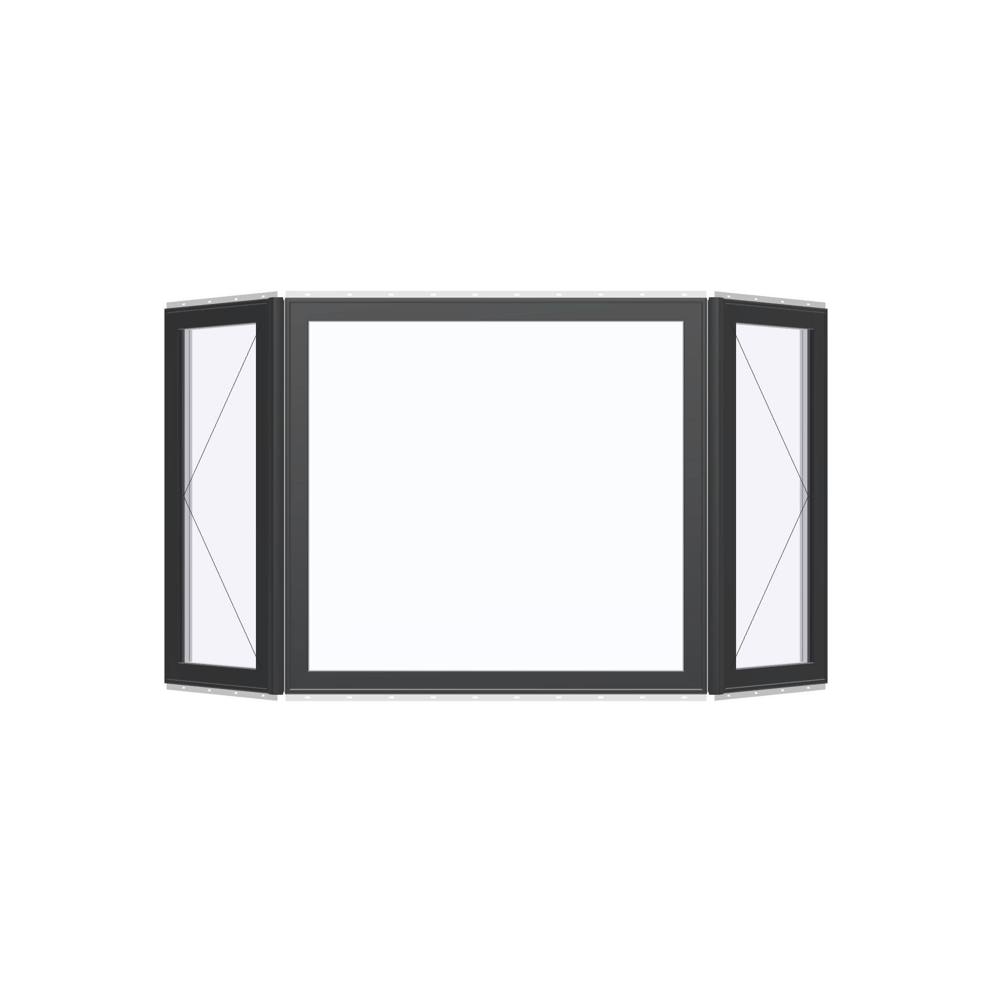 Straight exterior view of the 96 × 54 inch bay window, black exterior / white interior, with nailing flange