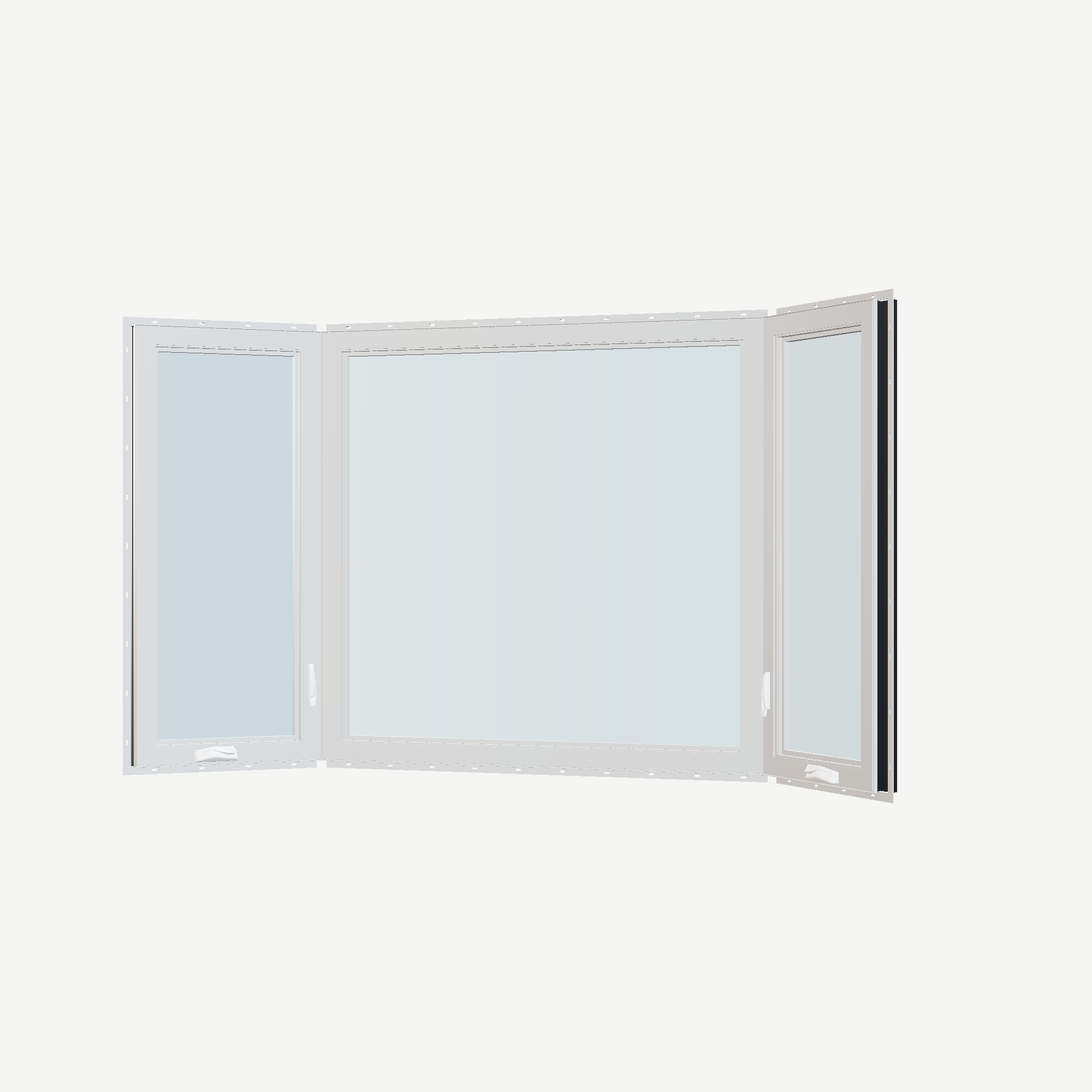 Angled interior view of the 96 × 54 inch bay window, black exterior / white interior, with nailing flange