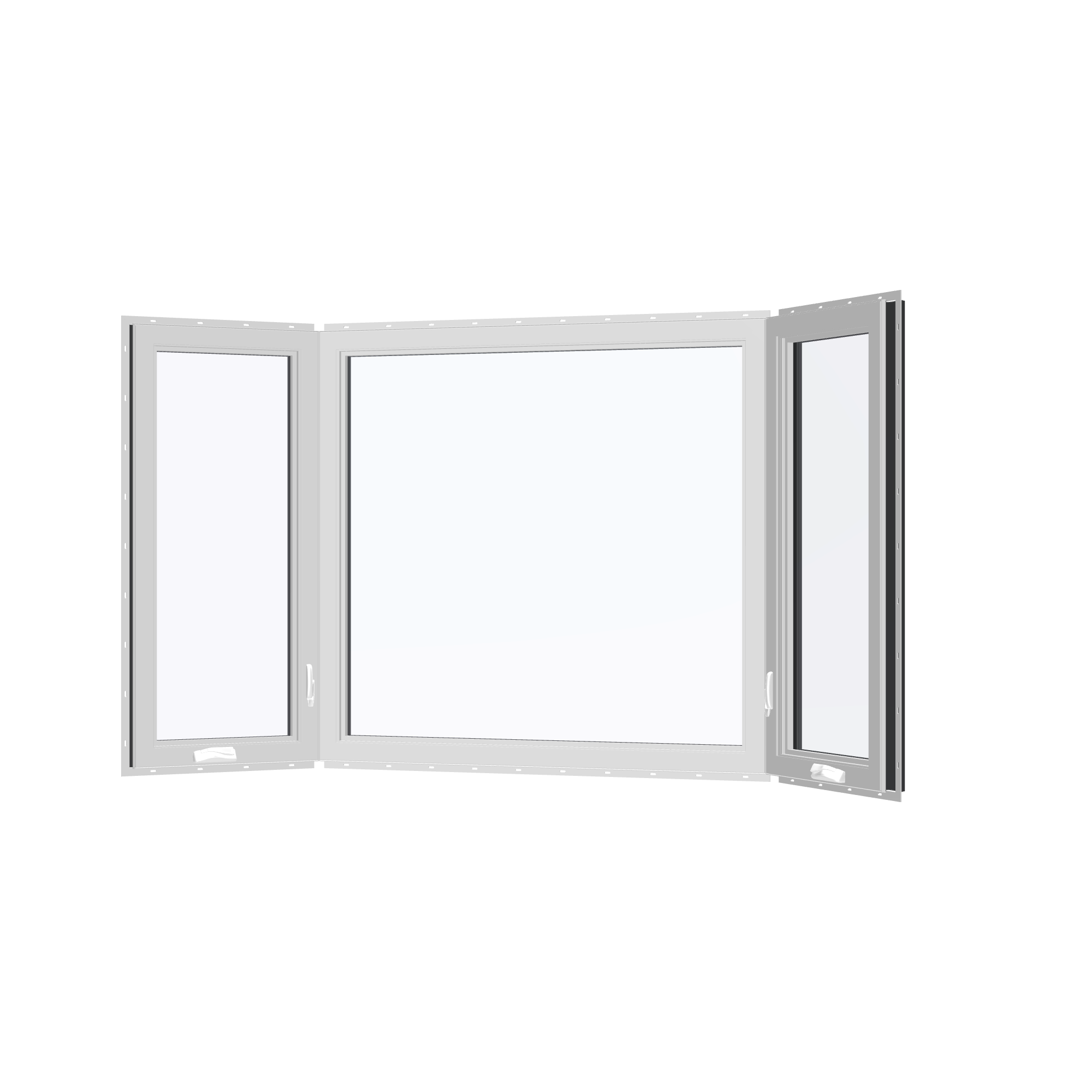 Angled interior view of the 96 × 54 inch bay window, black exterior / white interior, with nailing flange