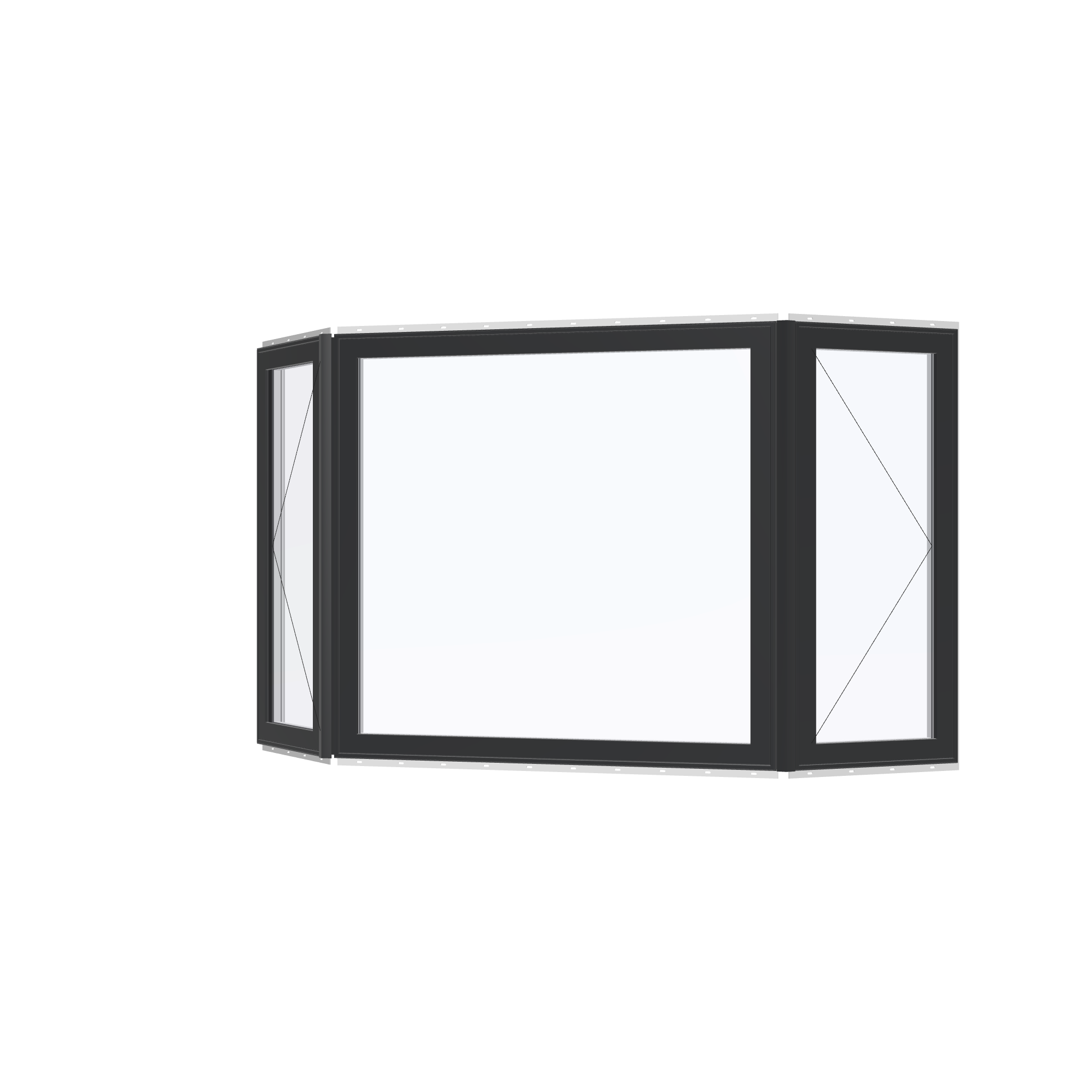 Angled exterior view with opening symbols of the 96 × 54 inch bay window, black exterior / white interior, with nailing flange