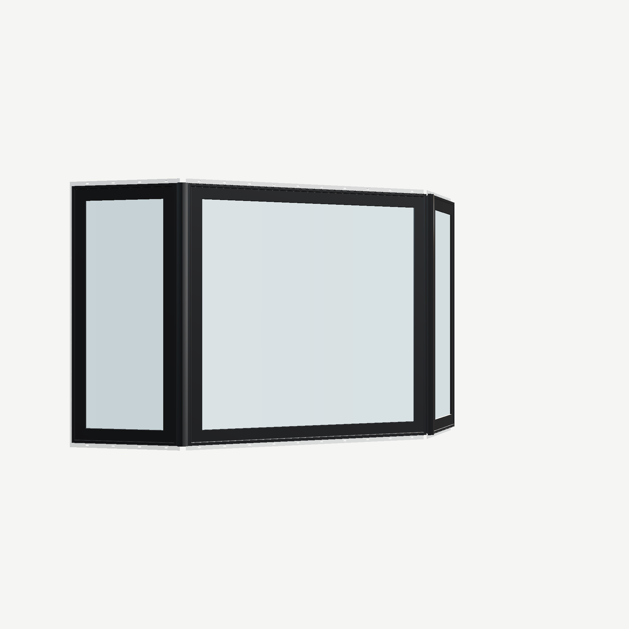 Opposite exterior angle of the 96 × 54 inch bay window, black exterior / white interior, with nailing flange