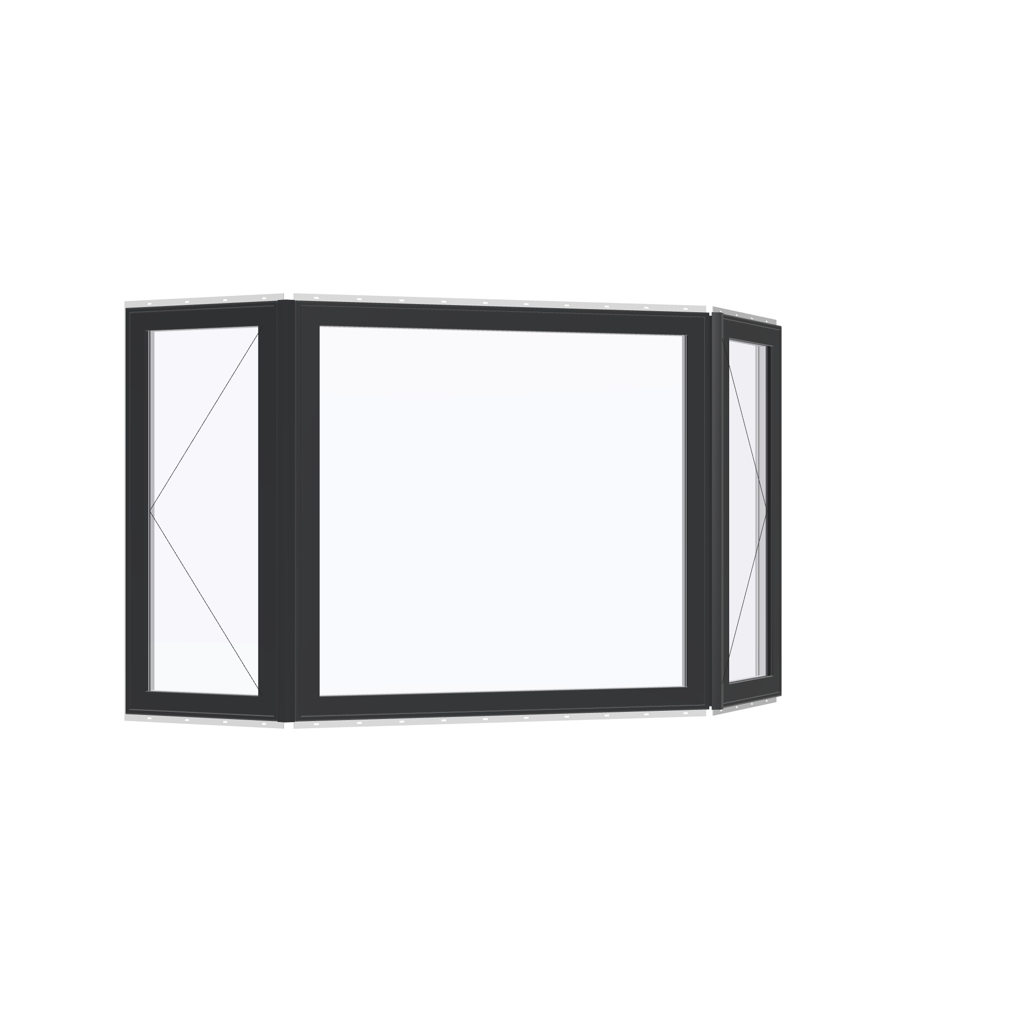 Opposite exterior angle of the 96 × 54 inch bay window, black exterior / white interior, with nailing flange