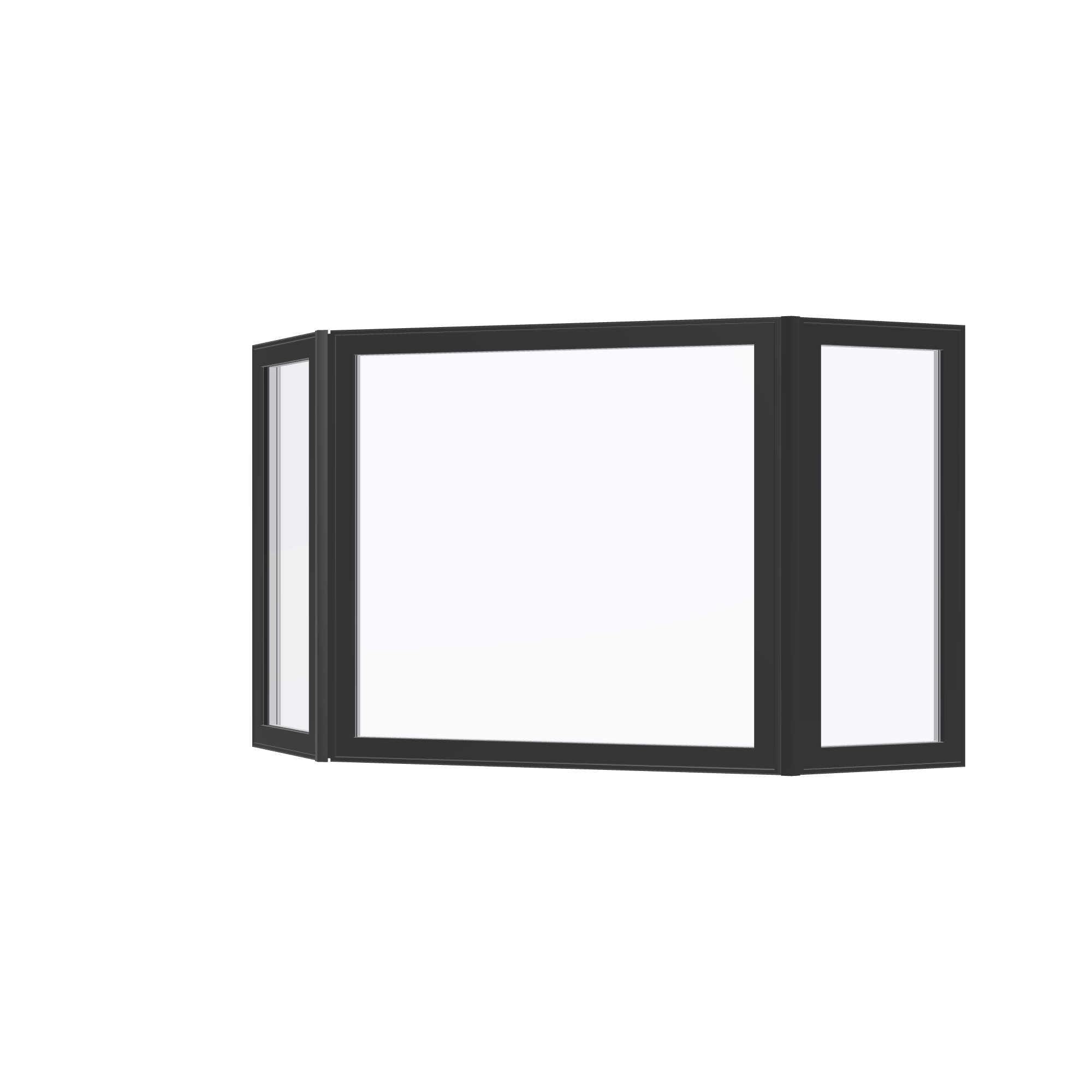 Angled exterior view of the 96 × 54 inch bay window, black exterior / white interior, without nailing flange