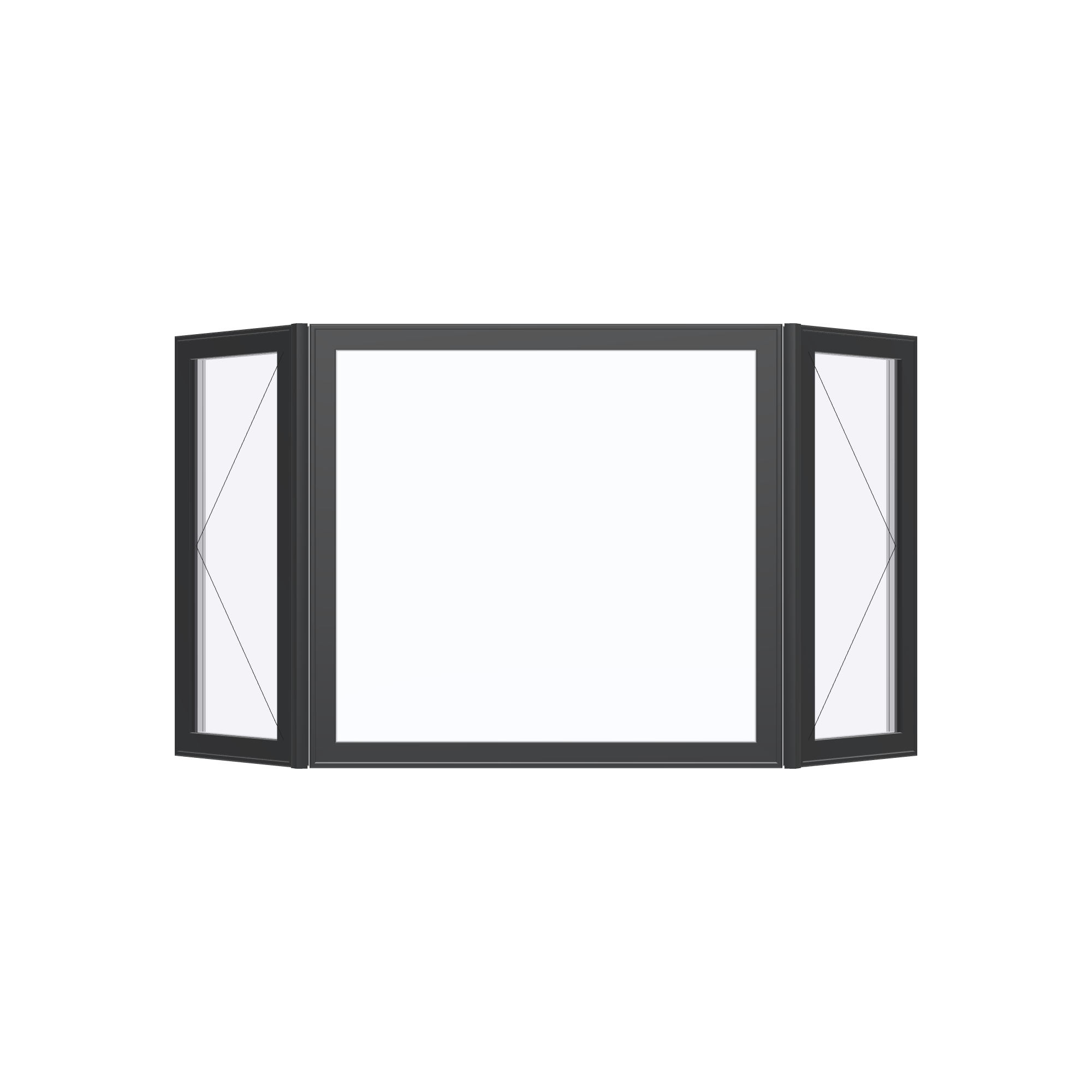 Straight exterior view of the 96 × 54 inch bay window, black exterior / white interior, without nailing flange