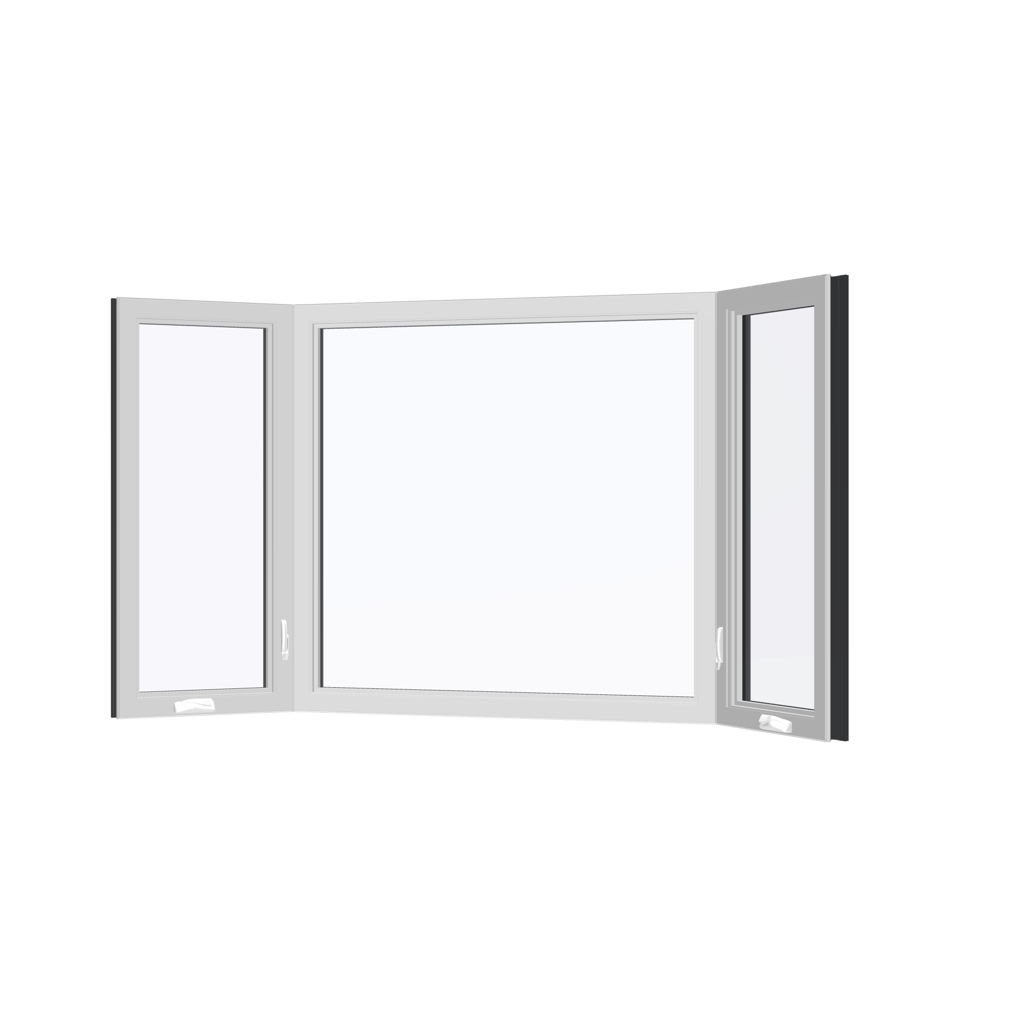 Angled interior view of the 96 × 54 inch bay window, black exterior / white interior, without nailing flange