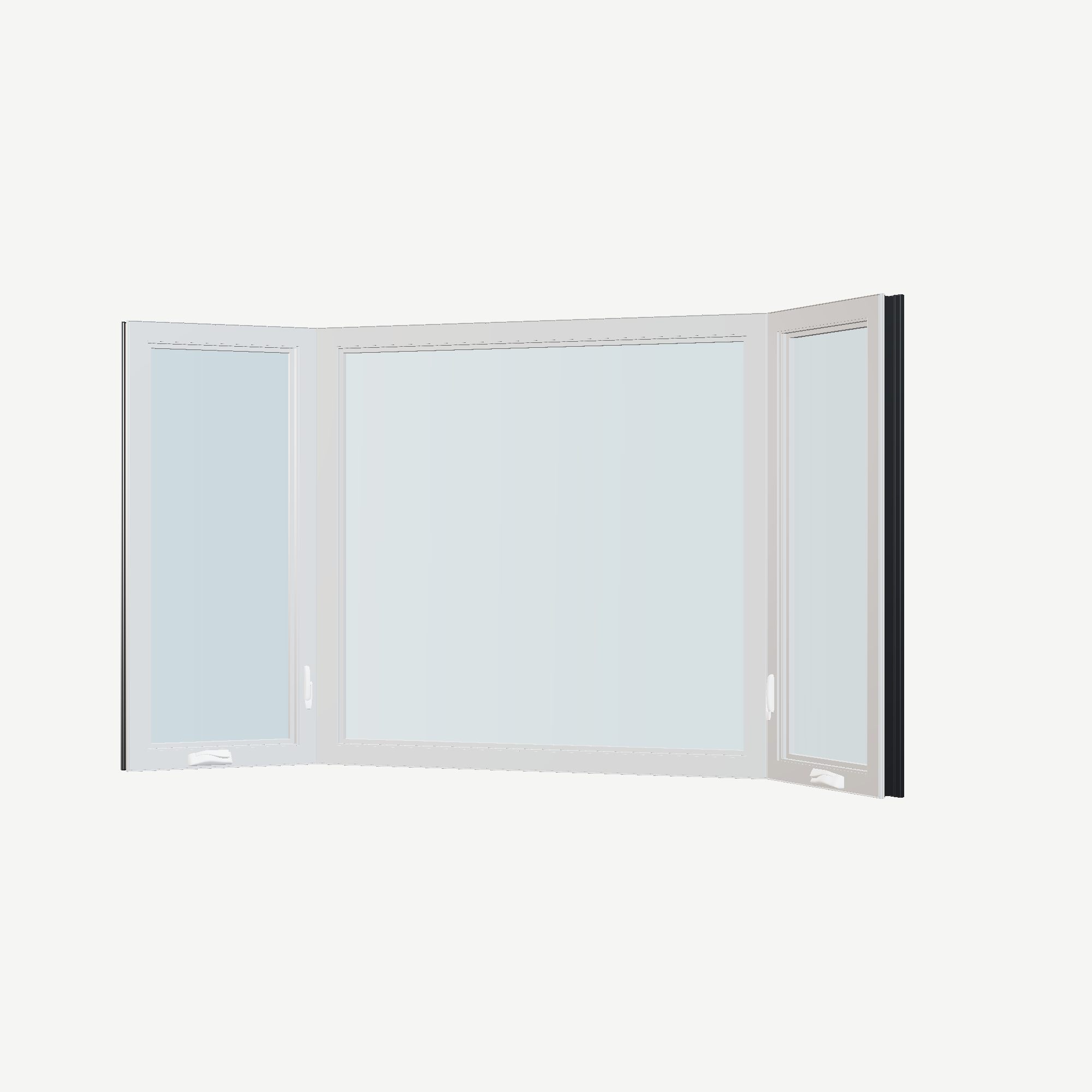 Angled interior view of the 96 × 54 inch bay window, black exterior / white interior, without nailing flange