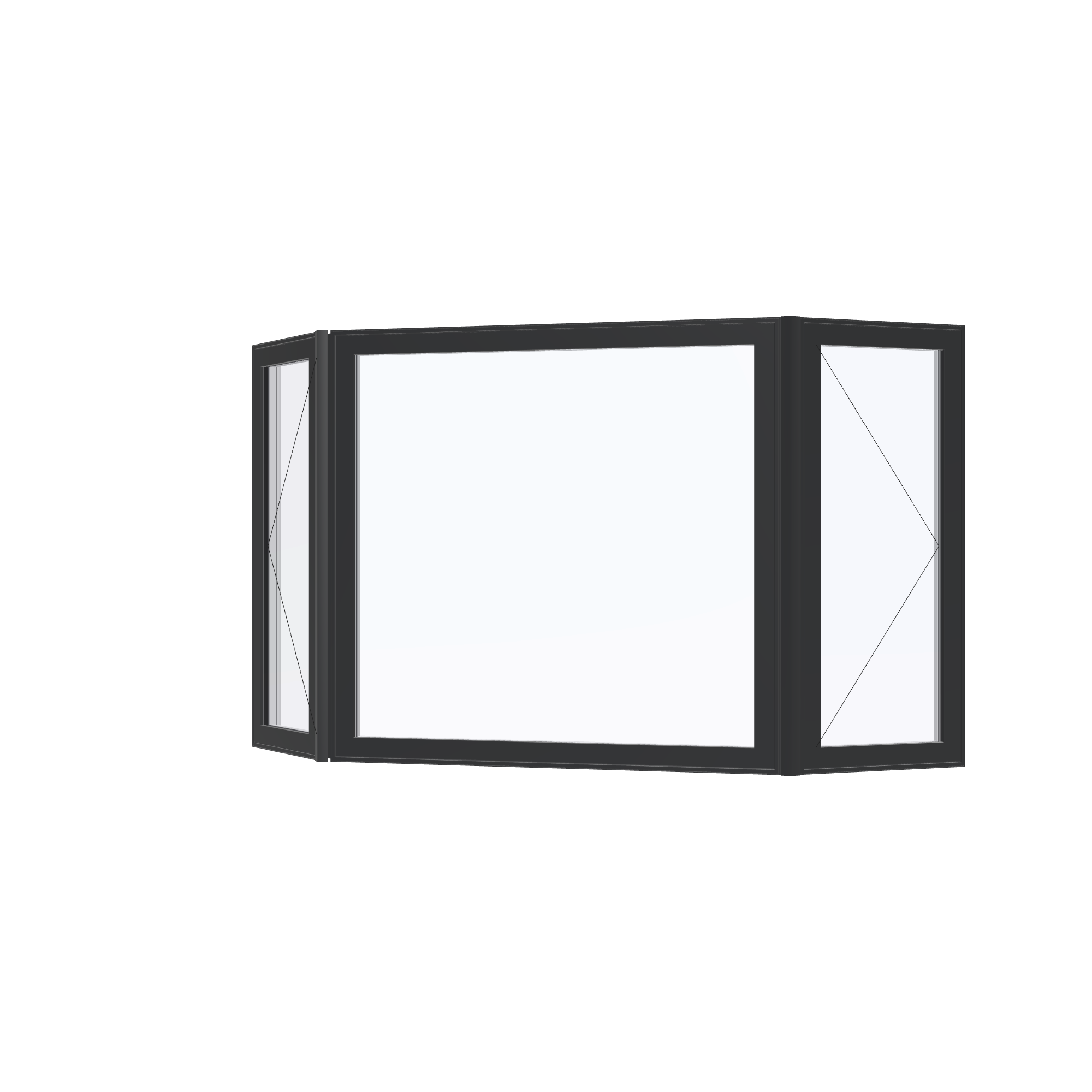 Angled exterior view with opening symbols of the 96 × 54 inch bay window, black exterior / white interior, without nailing flange