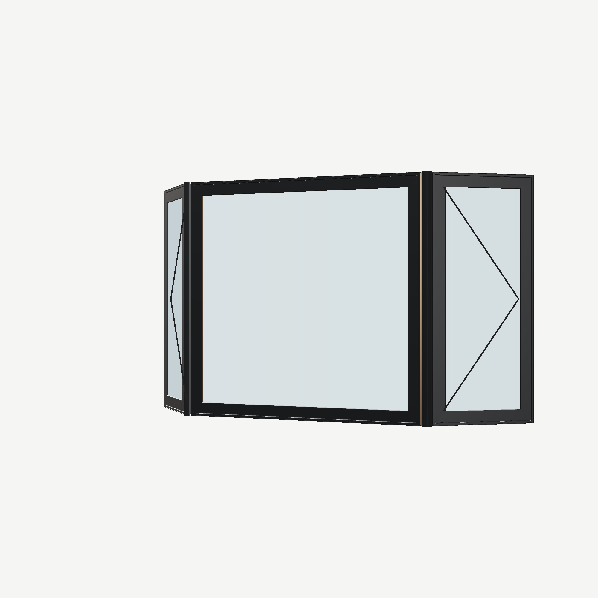 Angled exterior view with opening symbols of the 96 × 54 inch bay window, black exterior / white interior, without nailing flange