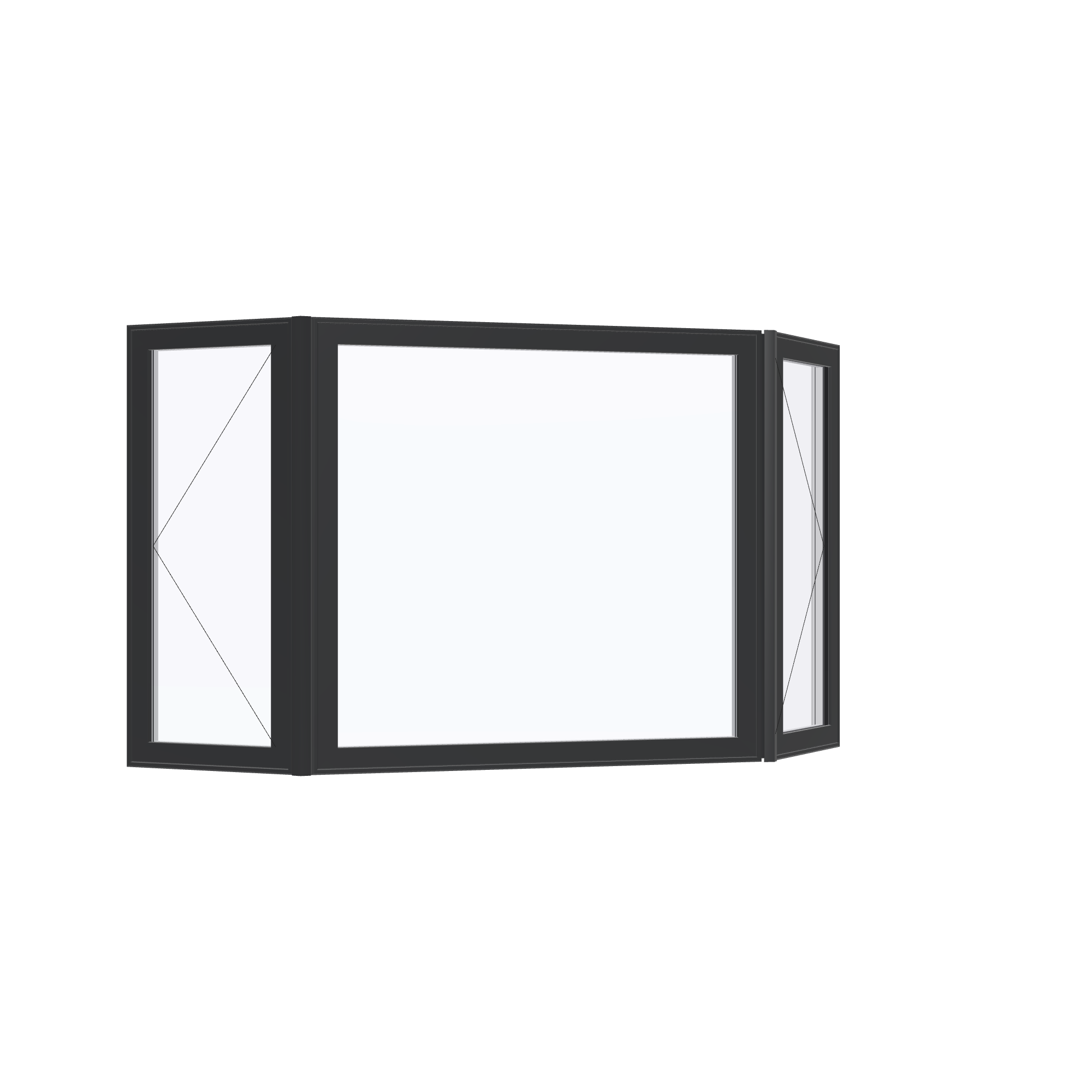 Opposite exterior angle of the 96 × 54 inch bay window, black exterior / white interior, without nailing flange