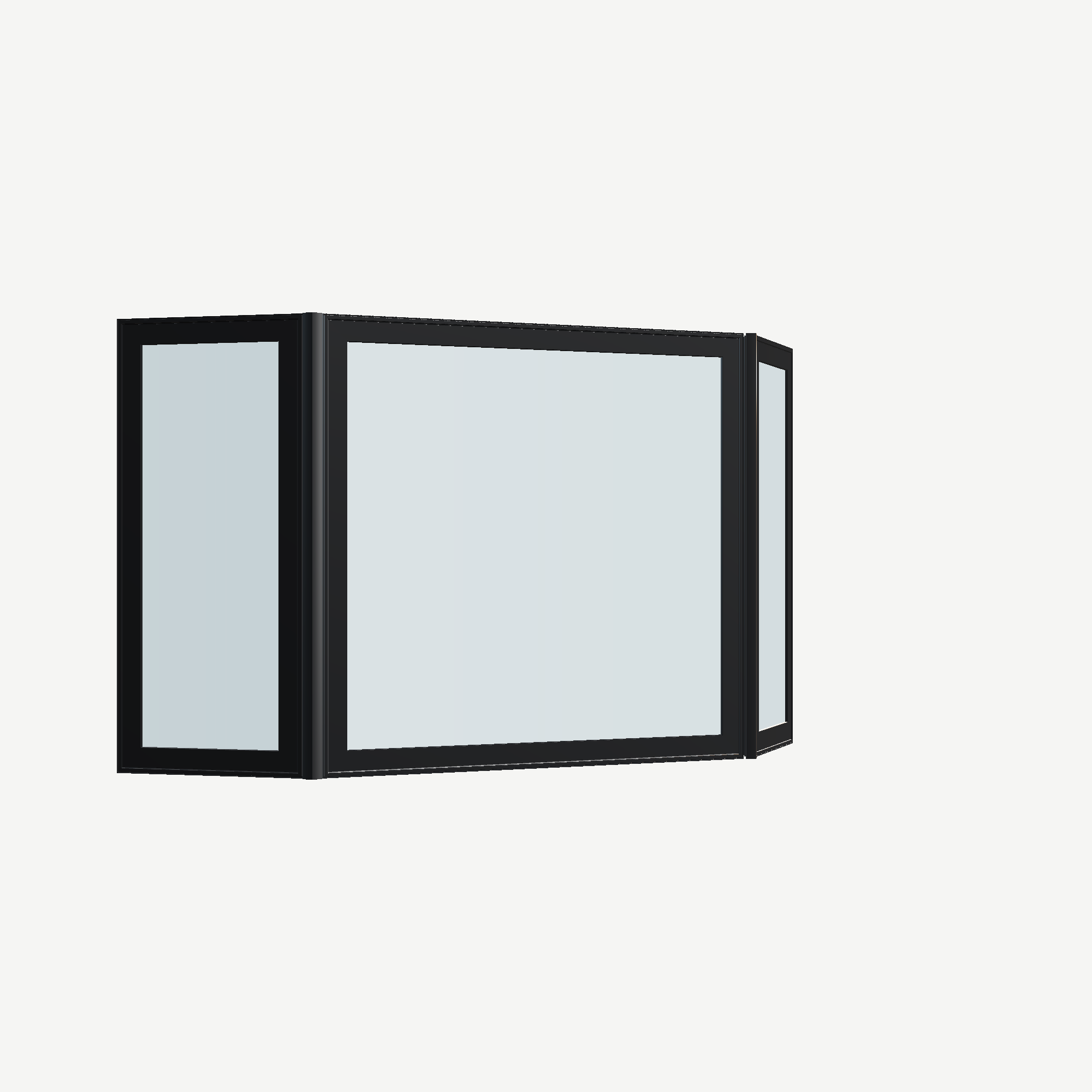 Opposite exterior angle of the 96 × 54 inch bay window, black exterior / white interior, without nailing flange