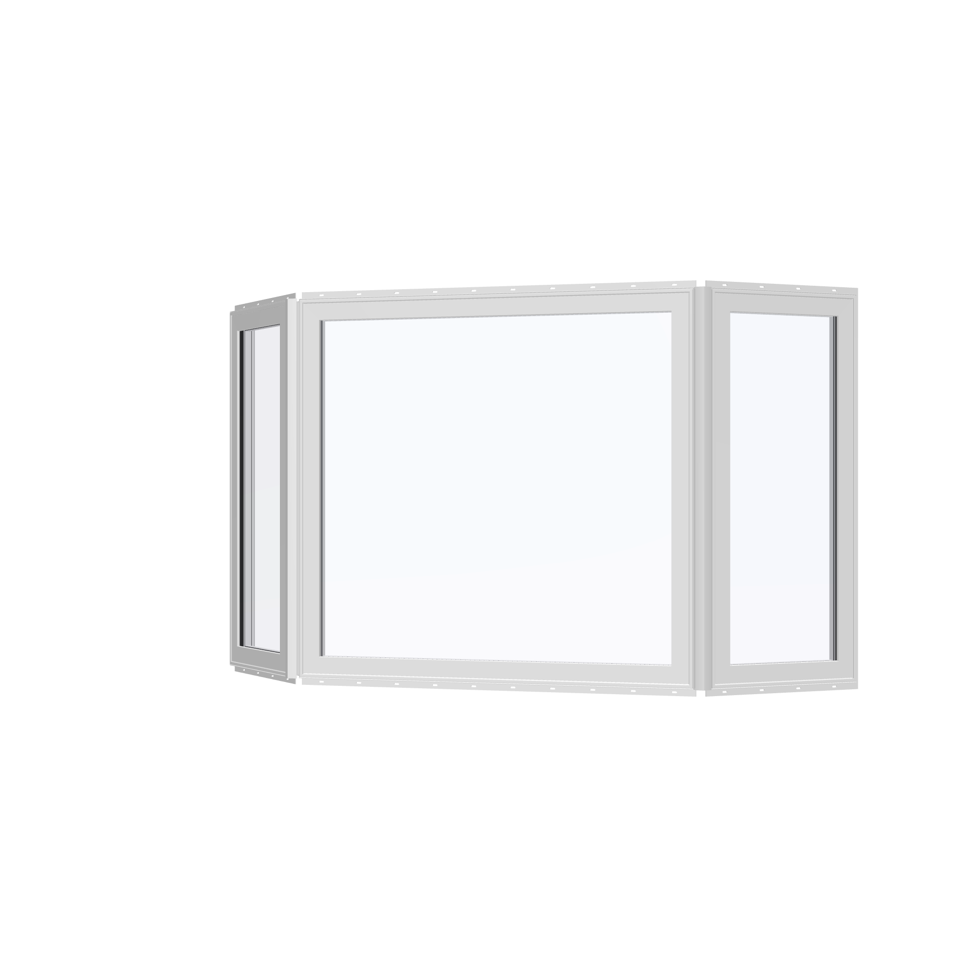 Angled exterior view of the 96 × 54 inch bay window, white exterior / white interior, with nailing flange