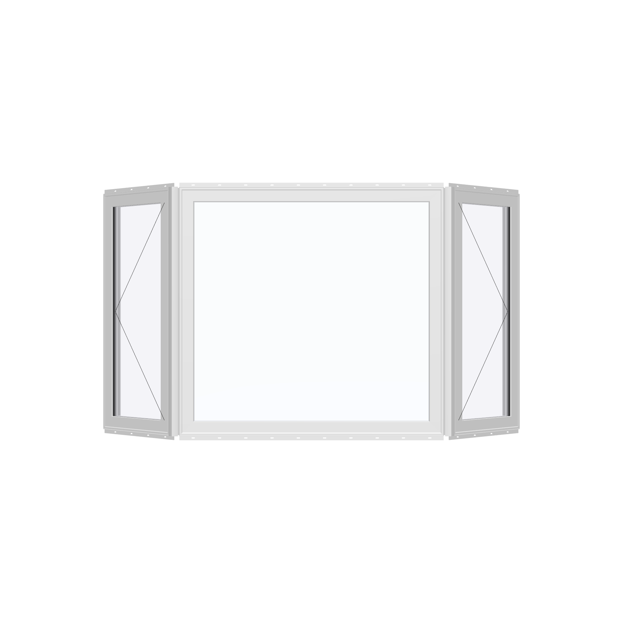 Straight exterior view of the 96 × 54 inch bay window, white exterior / white interior, with nailing flange