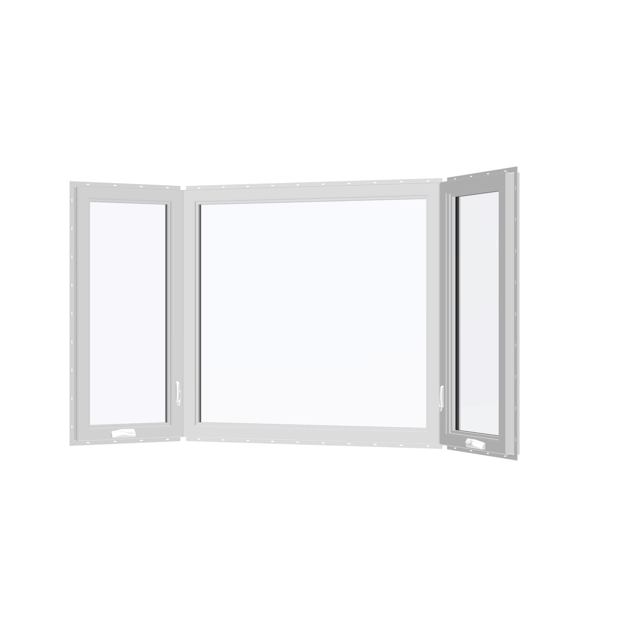 Angled interior view of the 96 × 54 inch bay window, white exterior / white interior, with nailing flange